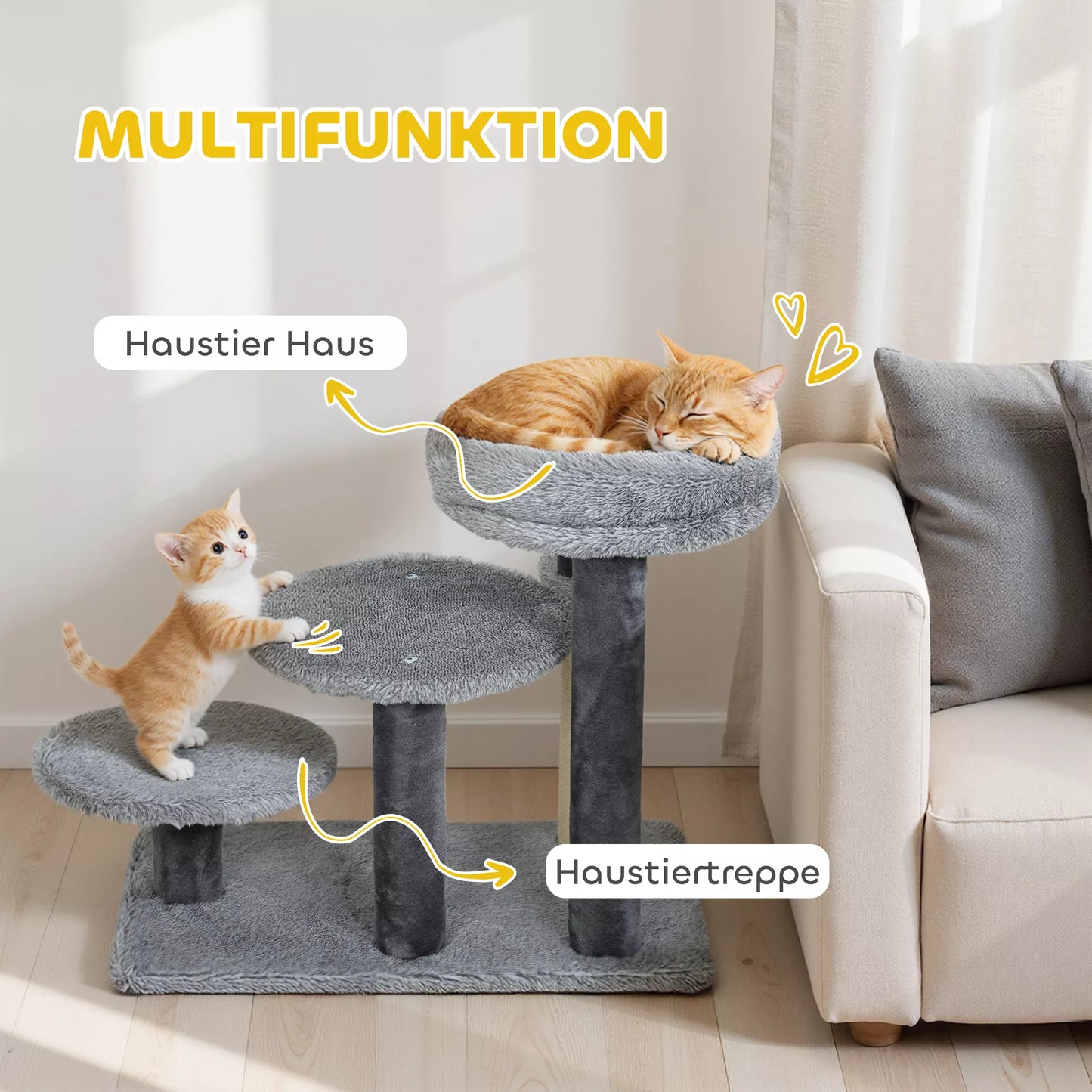 Kačių medis ir laipteliai, plati bazė, pliušinis audinys, sisalio draskyklė, pilkos spalvos