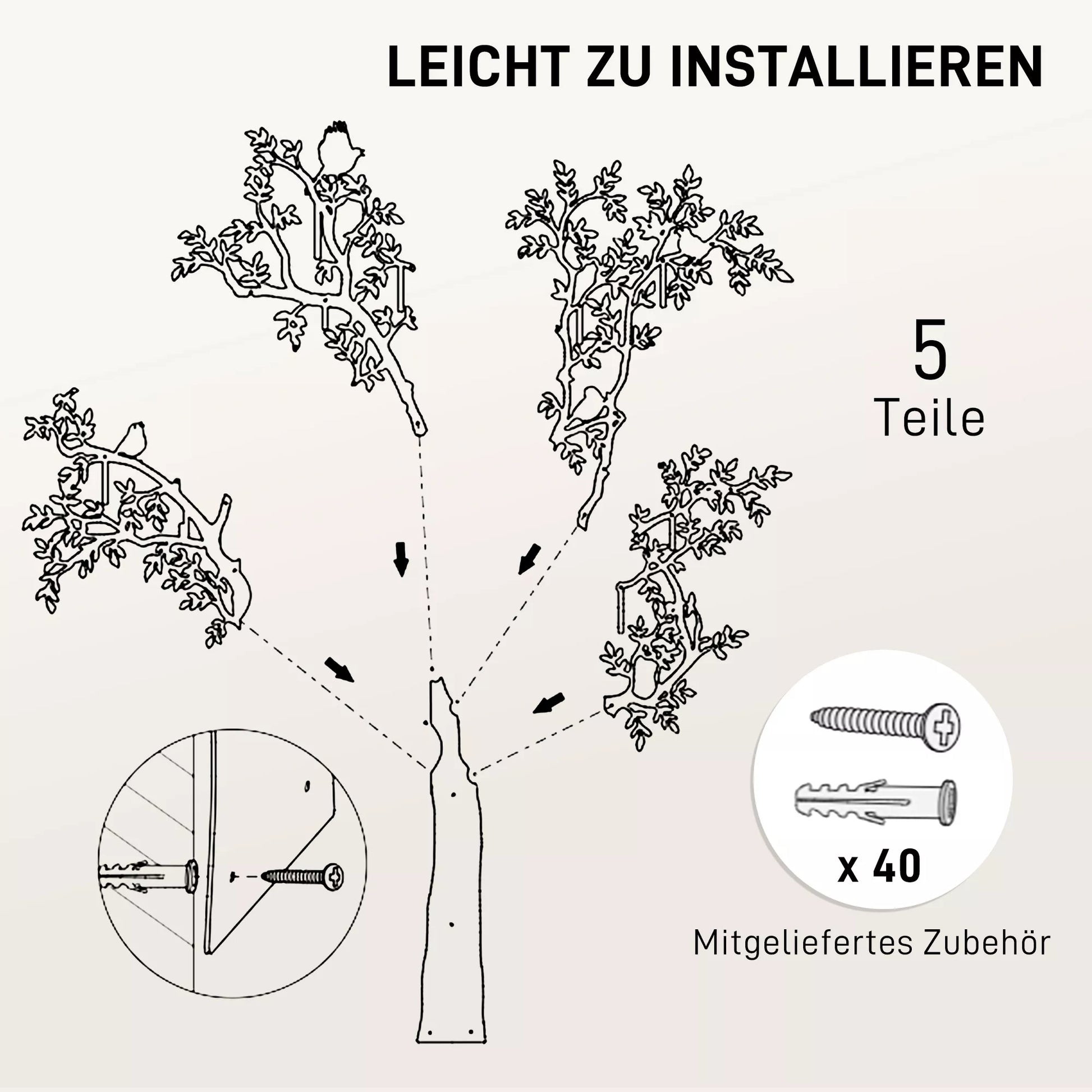 Sieninis drabužių kabyklas, prie sienos tvirtinamas kabliukas, medžio dizainas su paukščiais, juodas