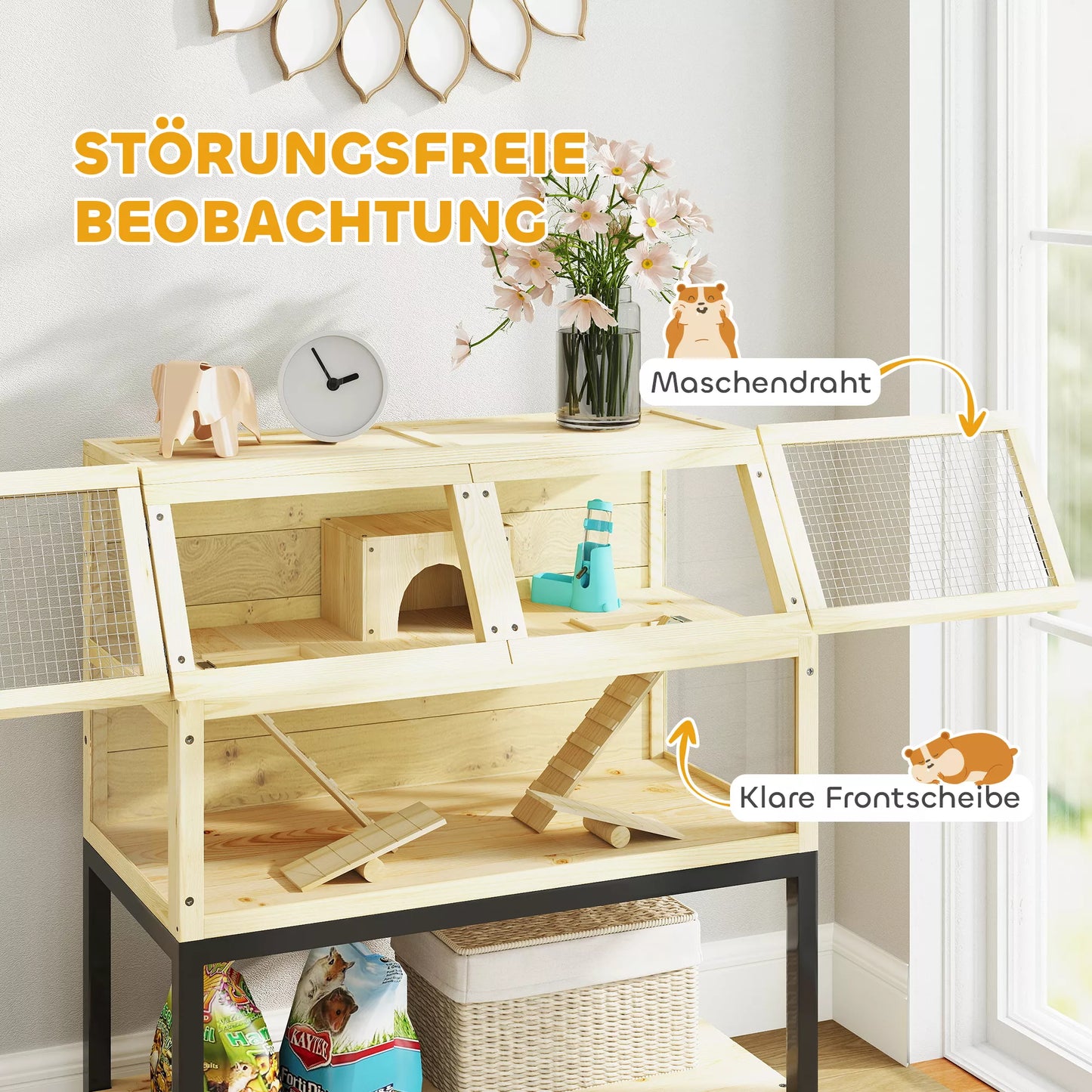 Medinis nykštukinių žiurkių narvelis su daiktų dėtuve, ratukais, rampos, vandens buteliuku, nameliu, sūpynėmis, 87 x 43 x 101 cm