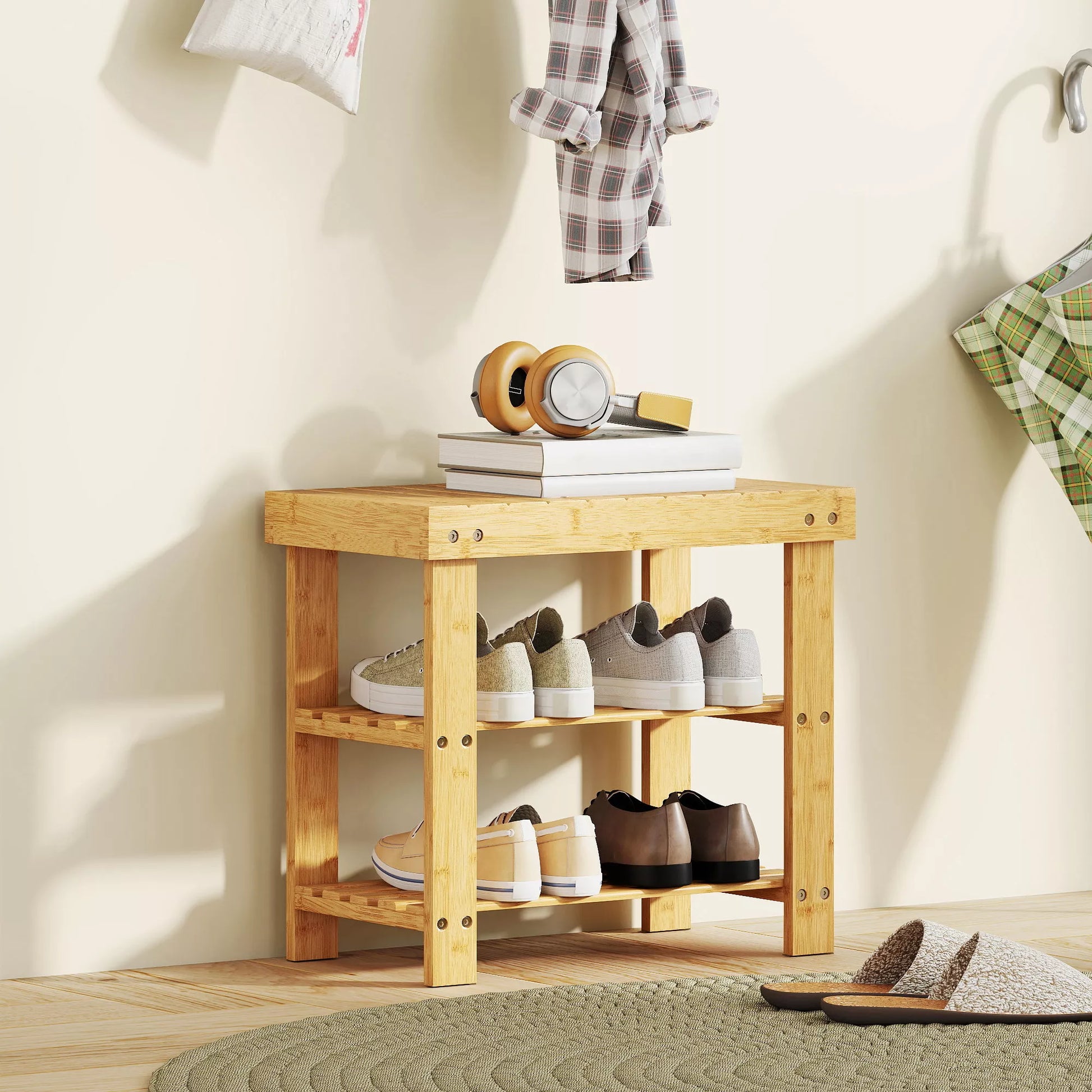 Bambuko batų stovas, batų lentynos su 2 lentynomis, sėdimoji dalis, skirtas koridoriui, prieškambariui, 50x28x45 cm, natūralus