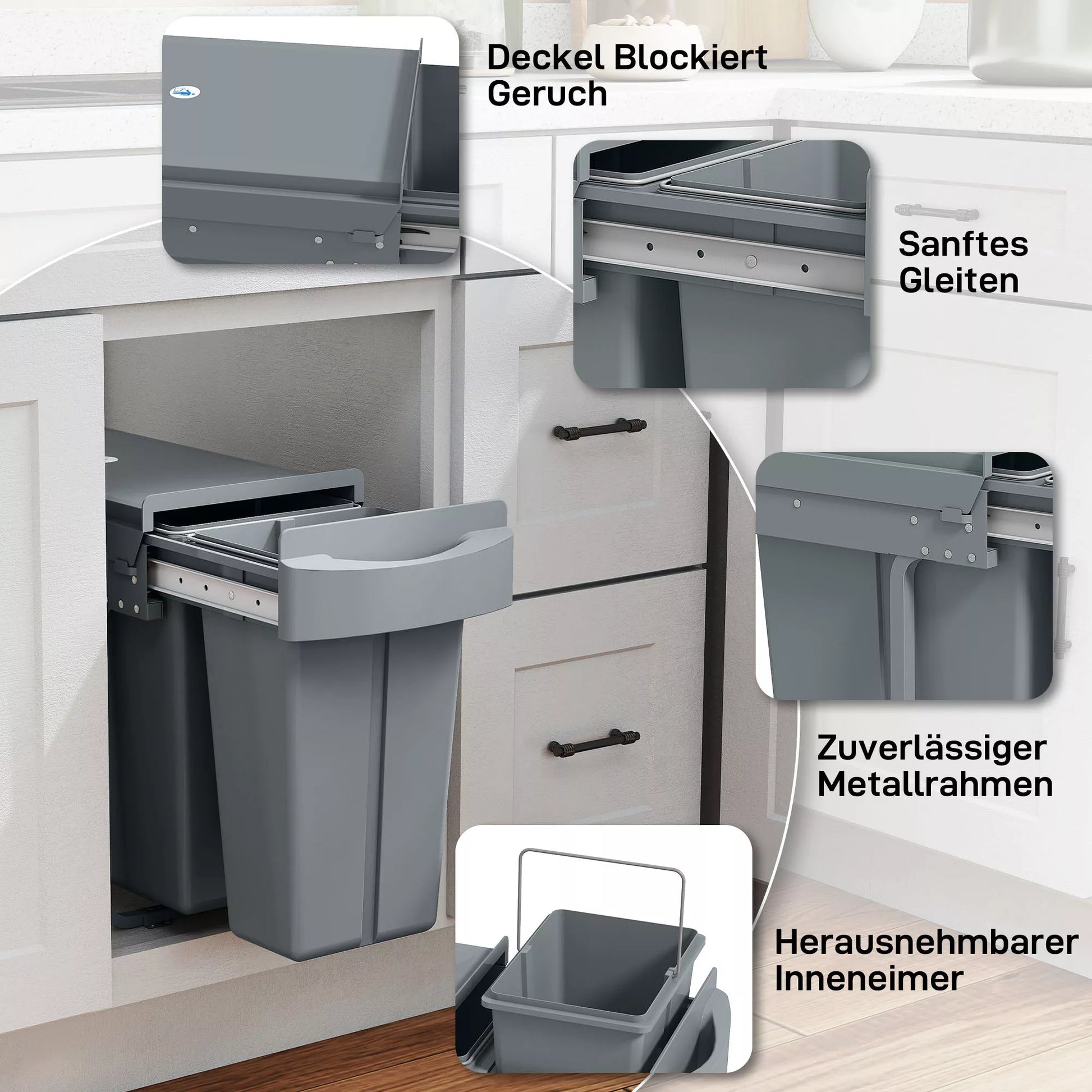 Ištraukiamas šiukšlių konteineris, virtuvės šiukšlių konteineris su 2 išimamais kibirais, rankena, 30 litrų (20 l + 10 l), metalas, pilkos spalvos