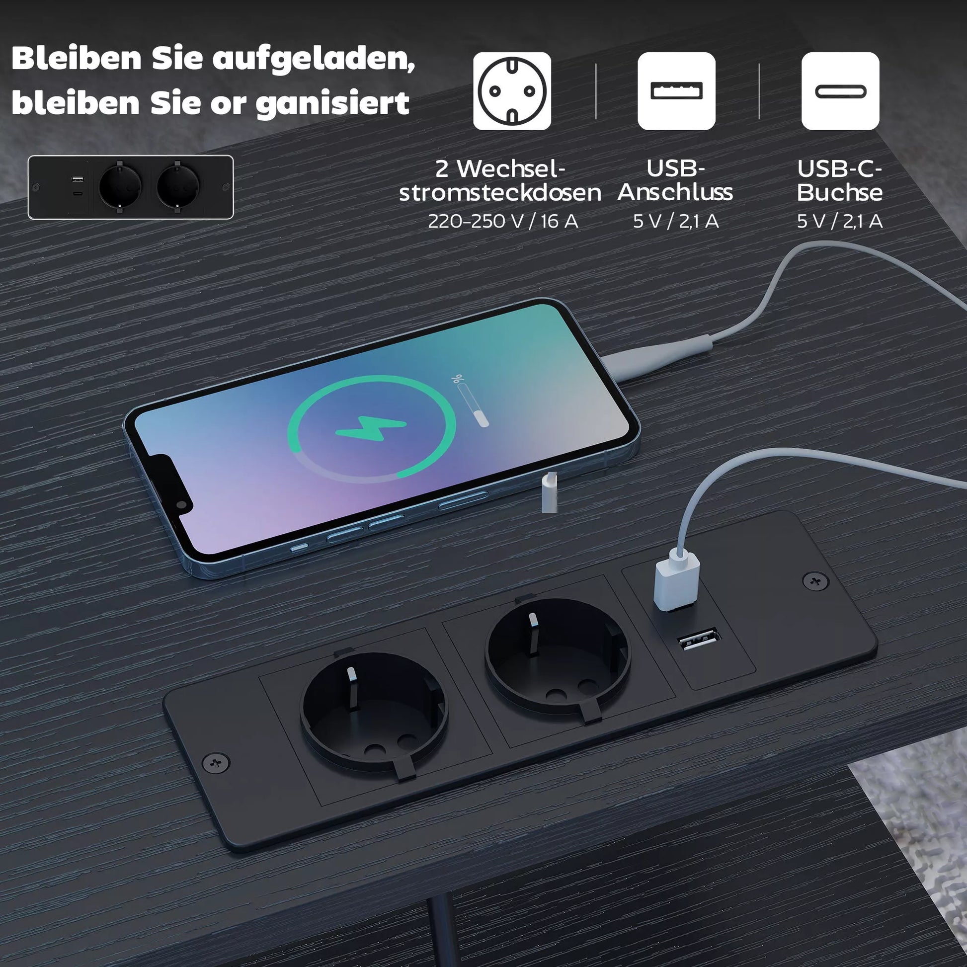 Staliukas su įkrovimo stotele, plieninis rėmas, USB-C jungtys, stalčiai, kabliai, 40 cm x 30 cm x 60 cm, juodas