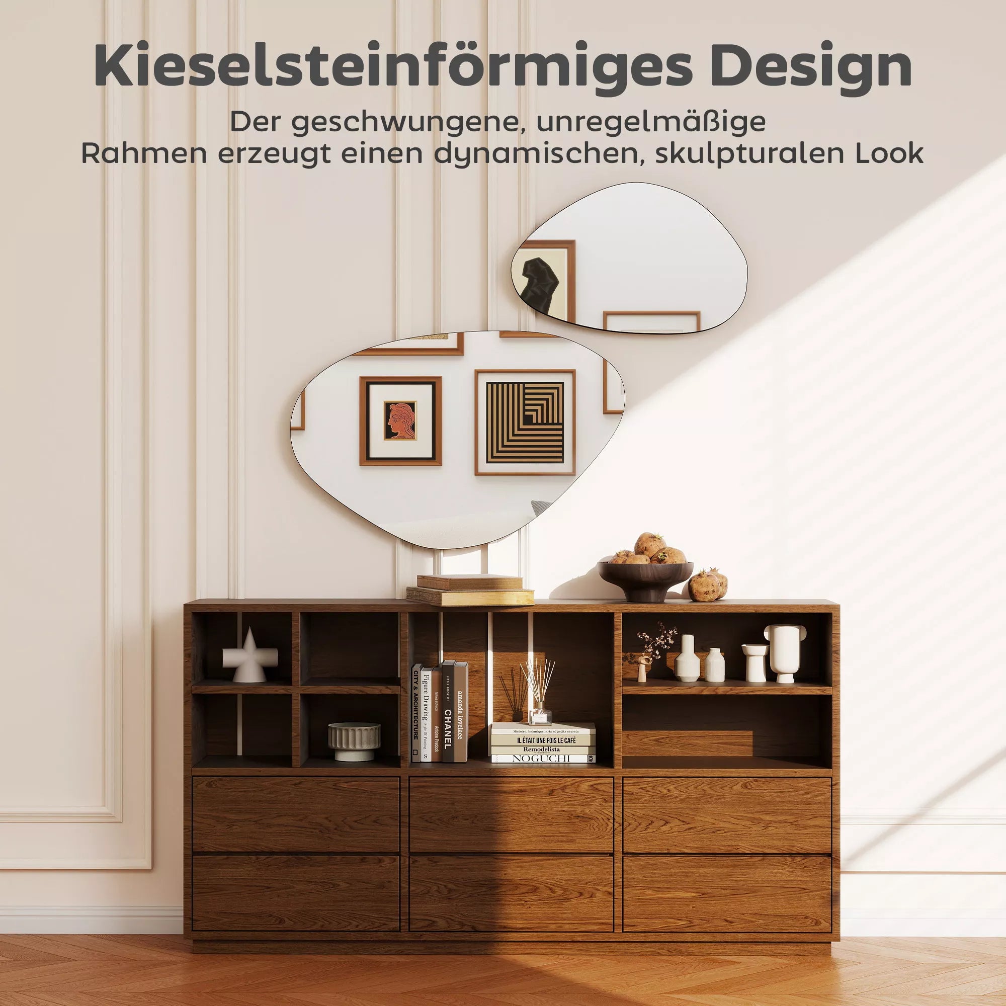 Sieninis veidrodis, 2 dalių dekoratyvinis rinkinis su metaliniu rėmu, akmens formos, 70x46 cm ir 49,5x31 cm, juoda