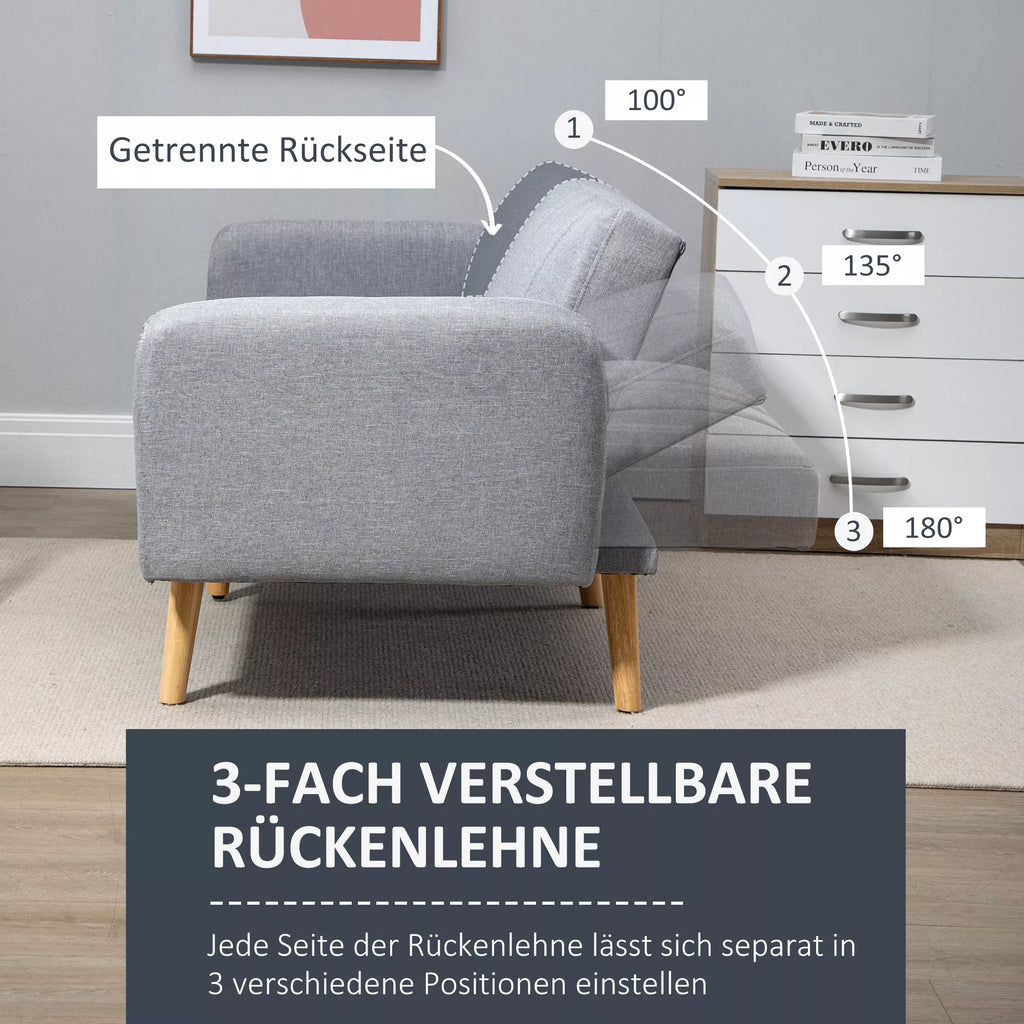 Miegamasis sofos, 2-vietė audinio sofa, sofa su miego funkcija, lino tipo poliesteris, kaučiuko medis, 173 x 75 x 73 cm, pilka