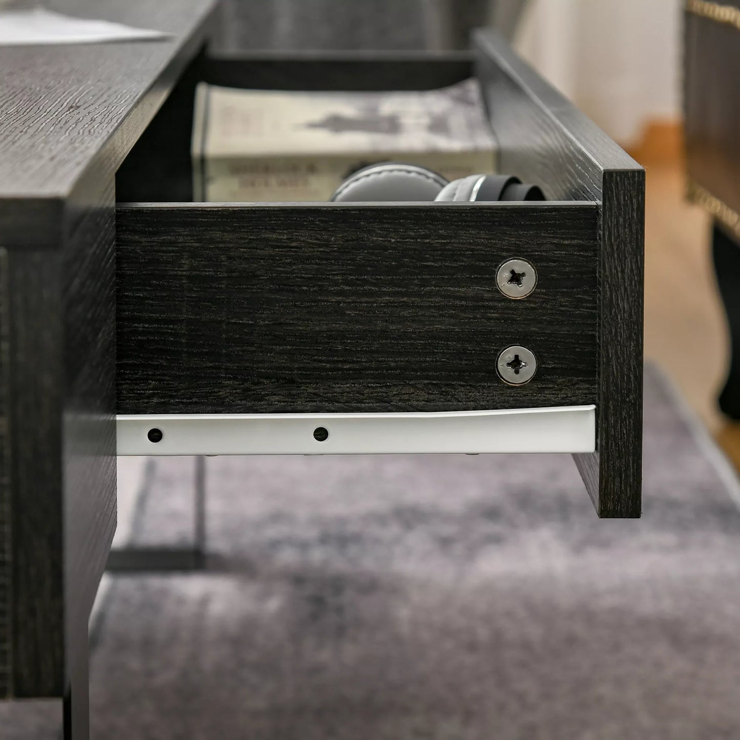 Kavos staliukas Svetainės stalas su stalčiumi Modernus sofos stalas su metaliniu rėmu Pagalbinis stalas Kavos stalas svetainei 110 x 60 x 40 cm, tamsiai pilkos spalvos