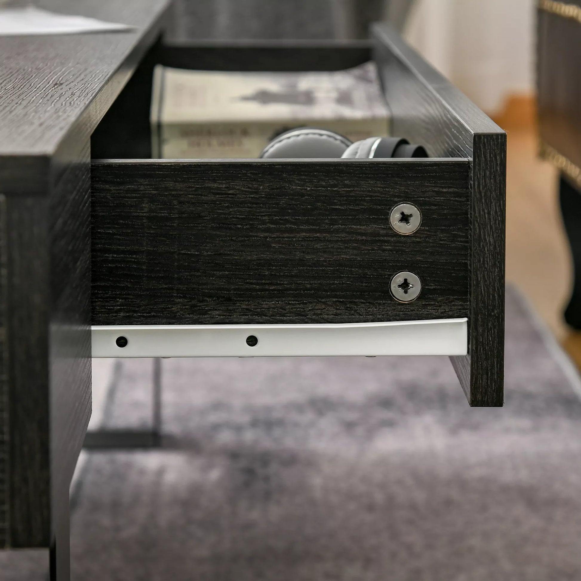 Kavos staliukas Svetainės stalas su stalčiumi Modernus sofos stalas su metaliniu rėmu Pagalbinis stalas Kavos stalas svetainei 110 x 60 x 40 cm, tamsiai pilkos spalvos