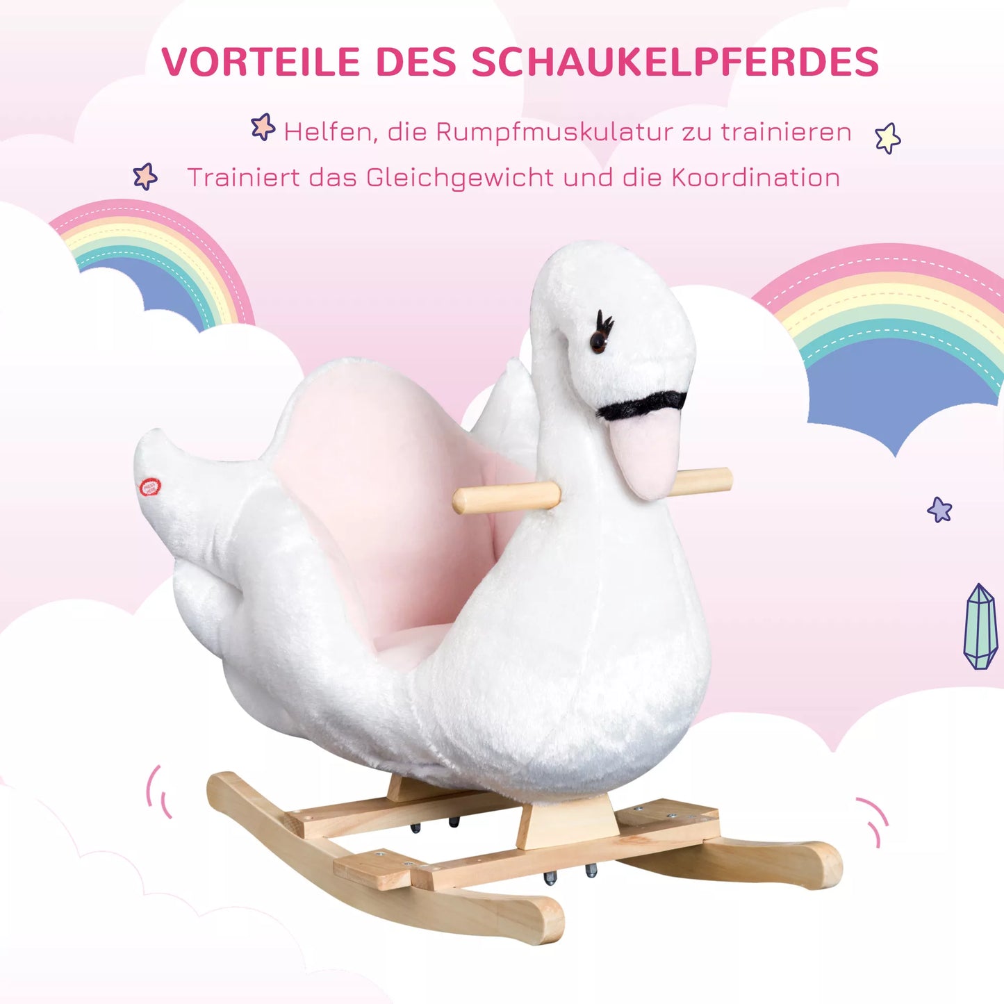 Sūpynės žaislas Sūpynės arkliukas su saugos diržu Muzika, 55 cm Kūdikių sūpynės iš minkšto pliušo Sūpynės žaislas Žaislas sūpynės kūdikiams ir vaikams nuo 18 mėnesių Medinis