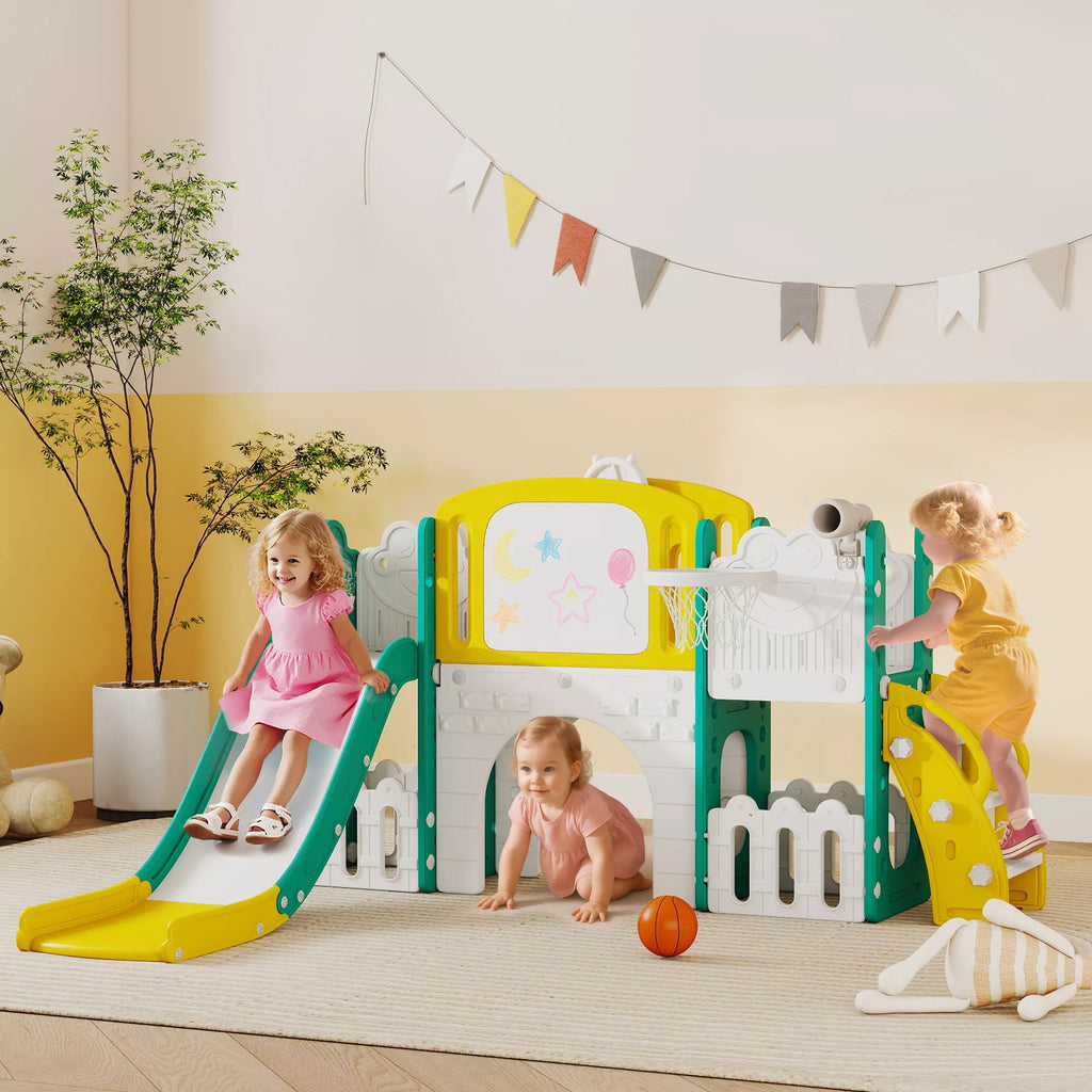 Vaikiškų čiuožyklų komplektas 7-in-1 su krepšinio lanku vaikams nuo 1 metų, geltonas