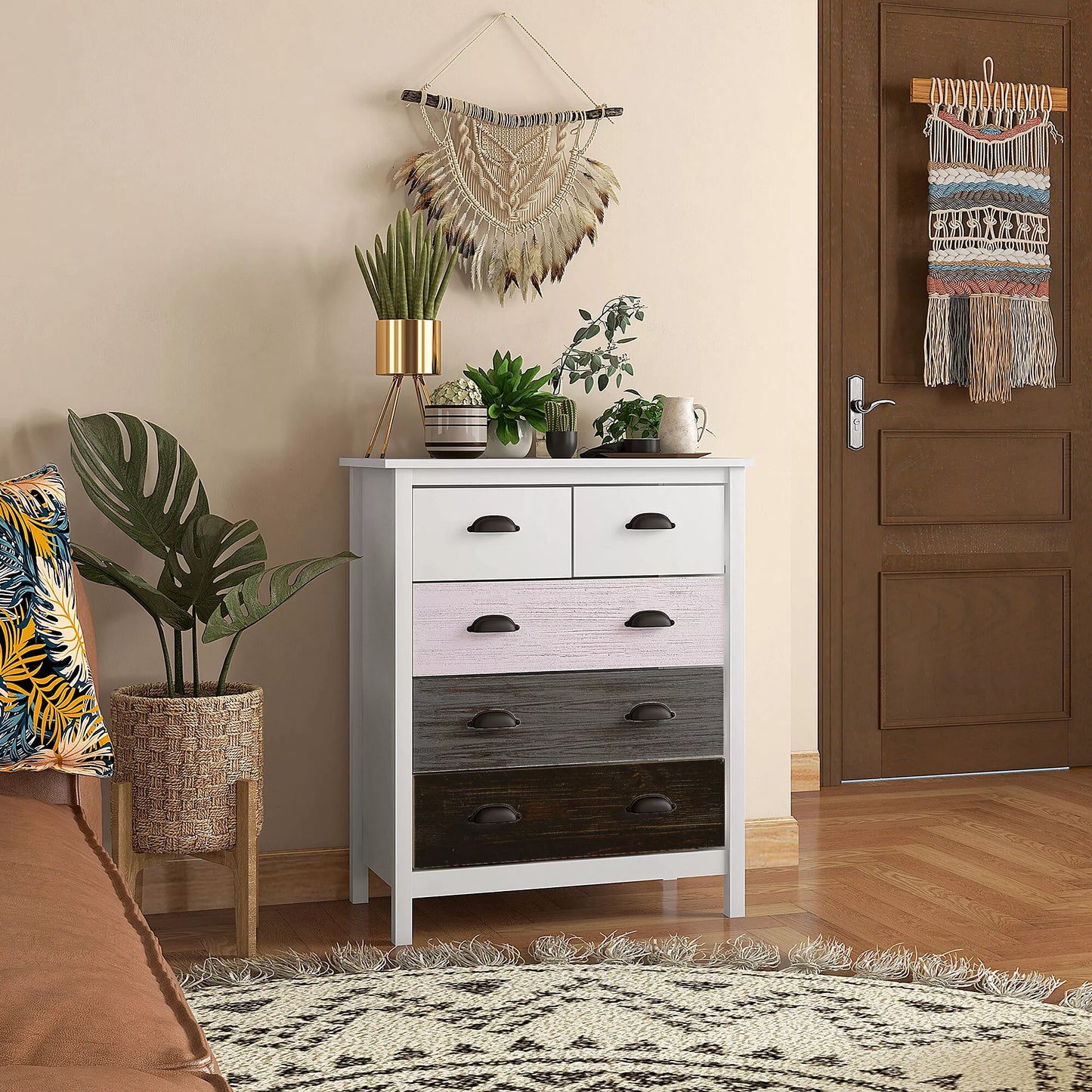 Indauja, komoda, 5 stalčiai, lakuotas paviršius, MDF ir pušies mediena, 70 x 38 x 85 cm, balta