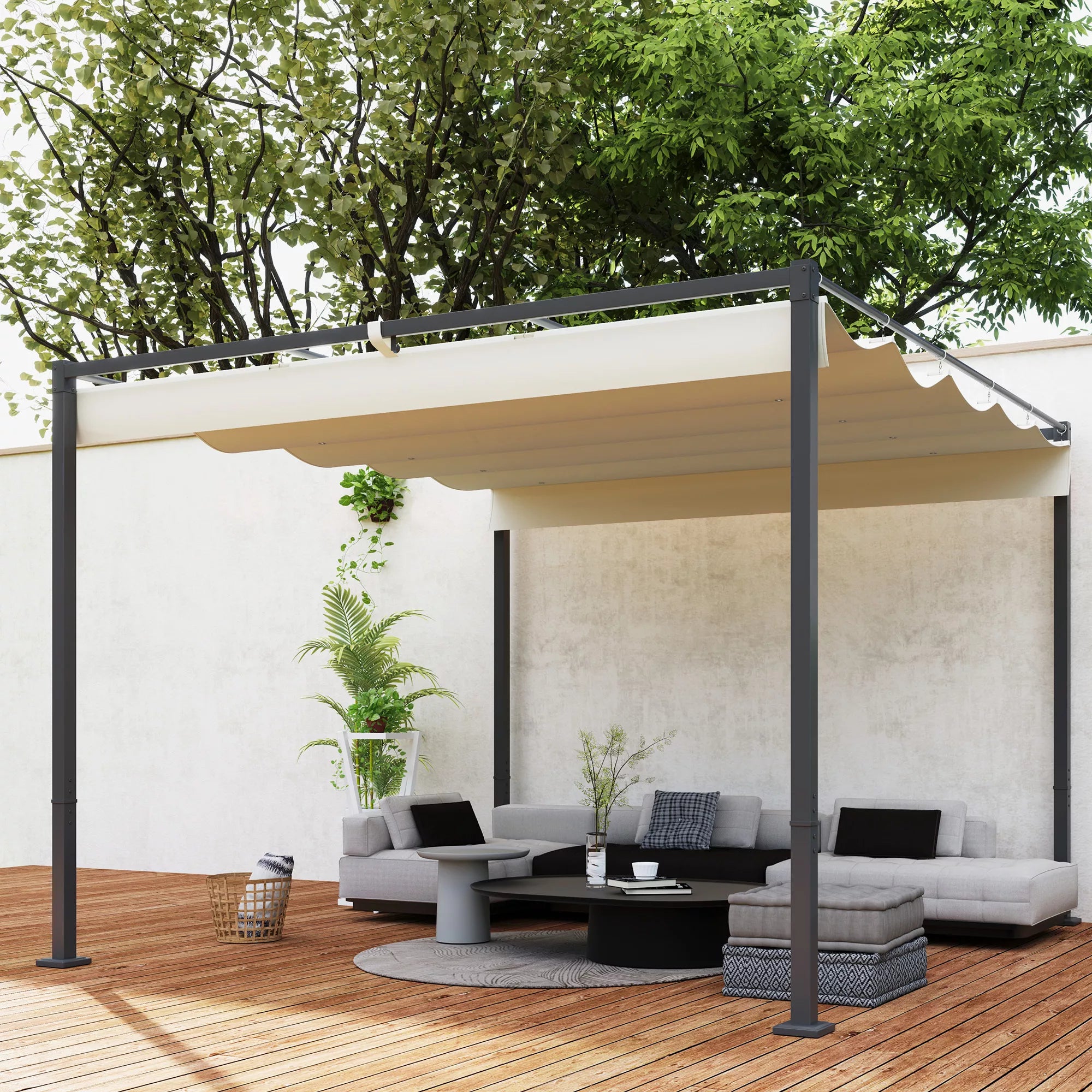 3 x 3 m sodo pergola su ištraukiamu stogu, pavėsine, baldakimu šešėliui, UPF30+, smėlio spalvos
