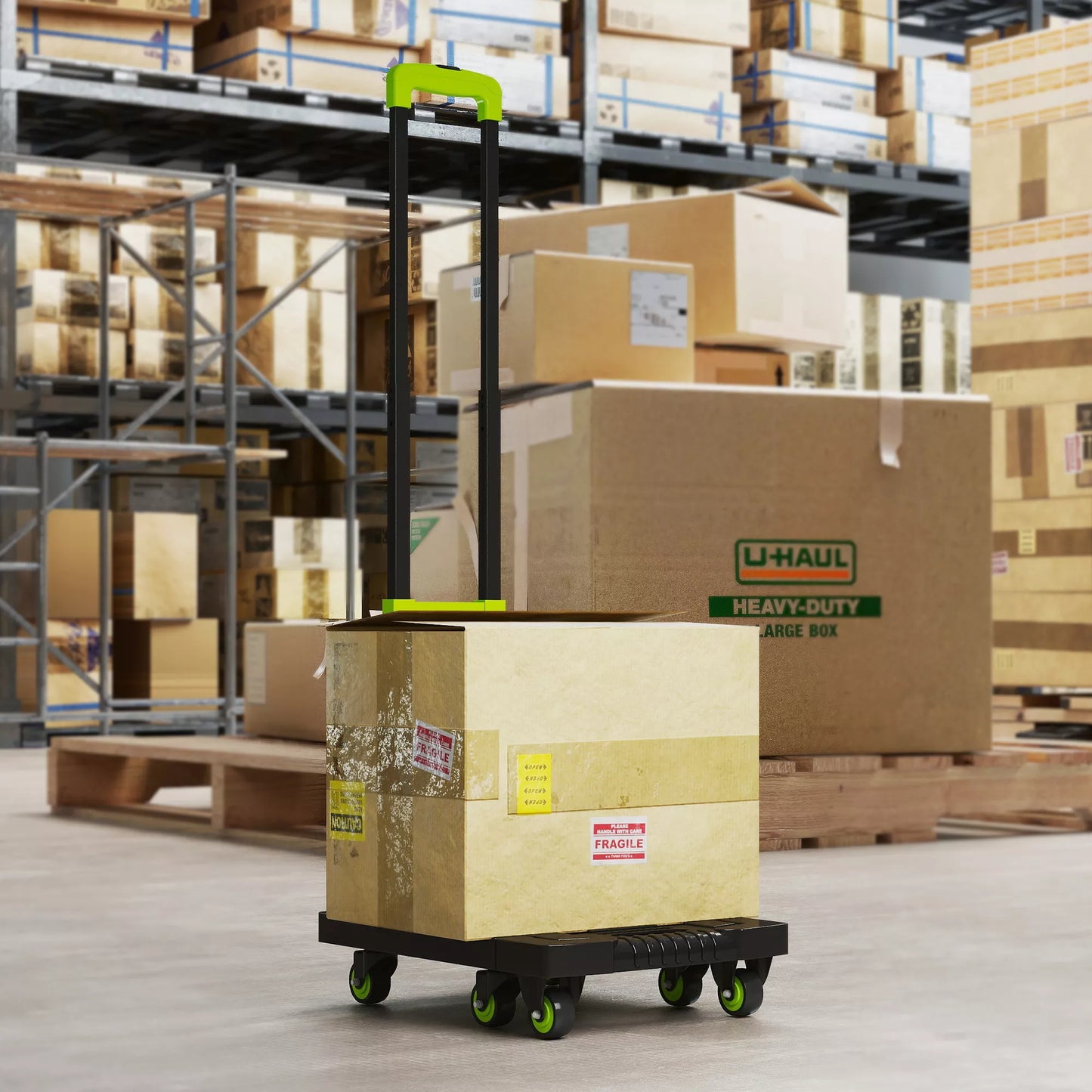 Sulankstomas metalinis transportavimo vežimėlis su ratukais ir reguliuojama rankena, 49 x 35 x 102 cm, žalias