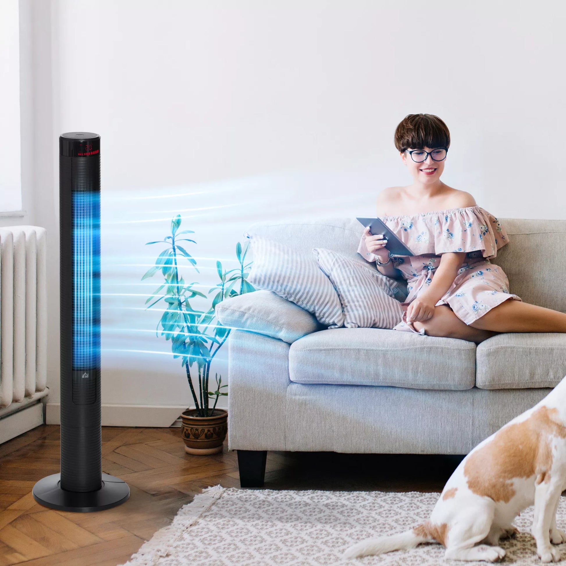 Tylus bokštinis ventiliatorius su nuotolinio valdymo pultu 117 cm 70° osciliacinis ventiliatorius Stovinis ventiliatorius su 4 režimais, 3 greičiais, 12 val. laikmačiu, LED ekranu, juodos spalvos