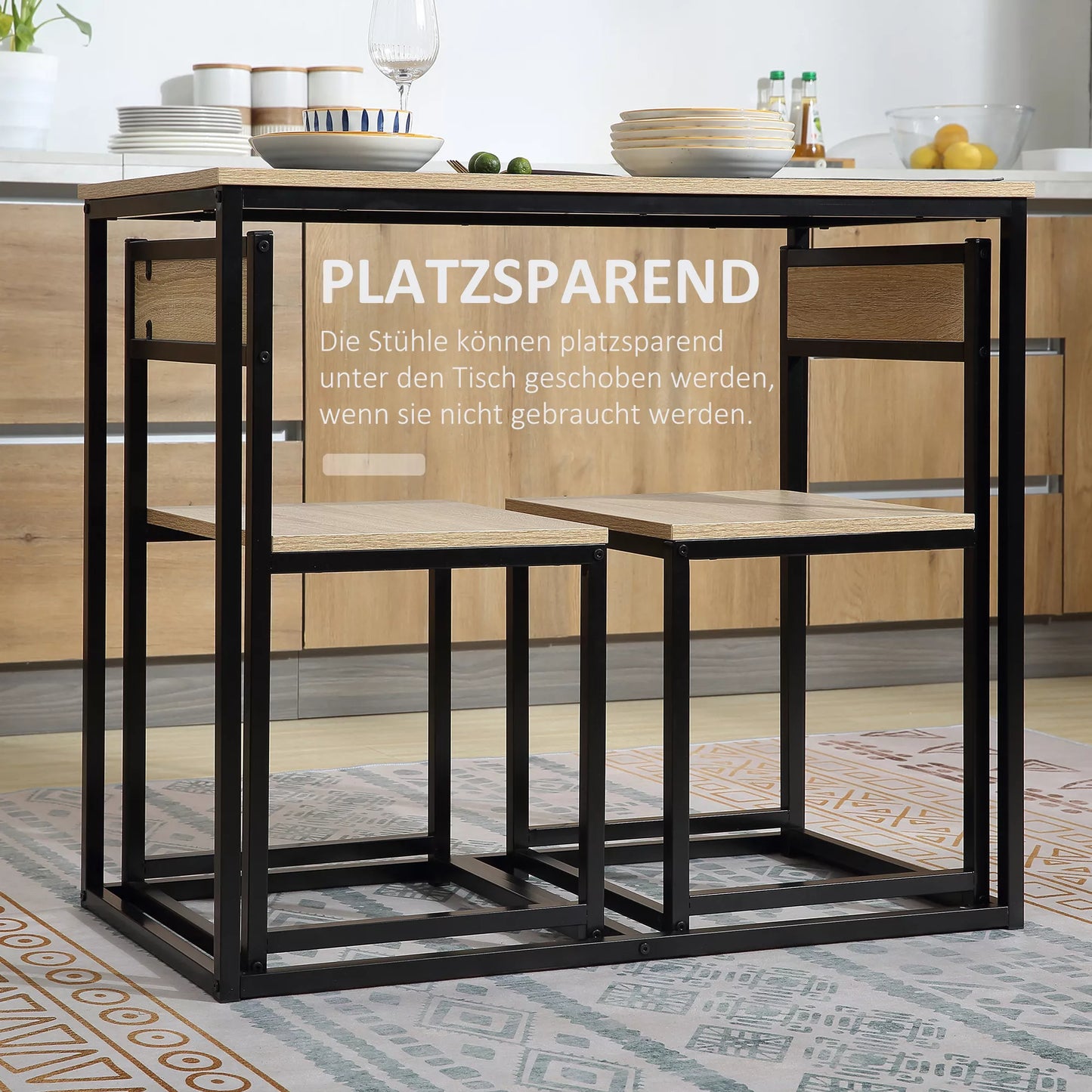 Valgomojo stalo komplektas su 2 kėdėmis, kompaktiškas stalo ir kėdžių rinkinys valgomajam, svetainei, virtuvei, su metaliniu rėmu