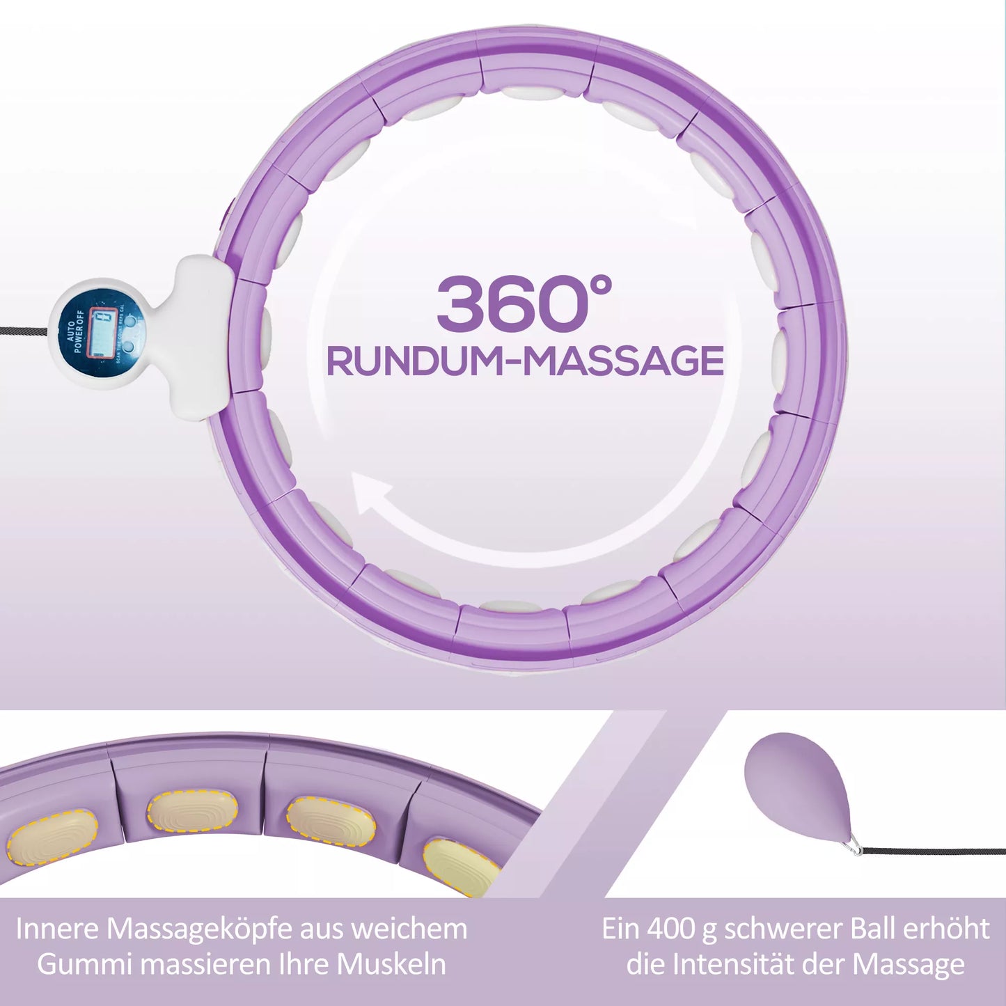 Išmanusis hula hoop lankas suaugusiems su svorio kamuoliukų skaitikliu, 16 mazgų (76–113 cm), violetinis
