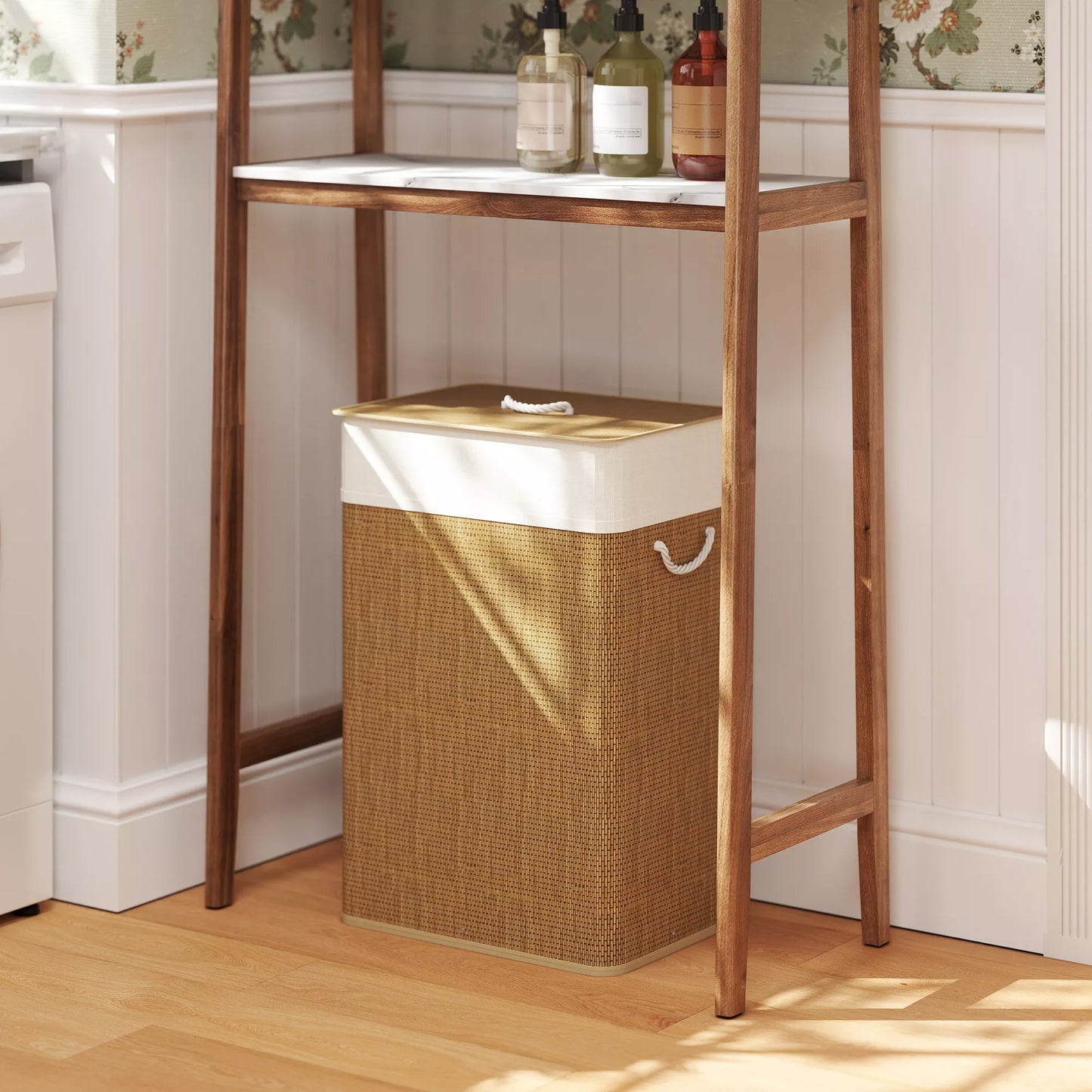 Bambukinė skalbinių dėžė su dangčiu 72 L, su bambuko rankenomis, nuimamu skalbinių maišu, ruda