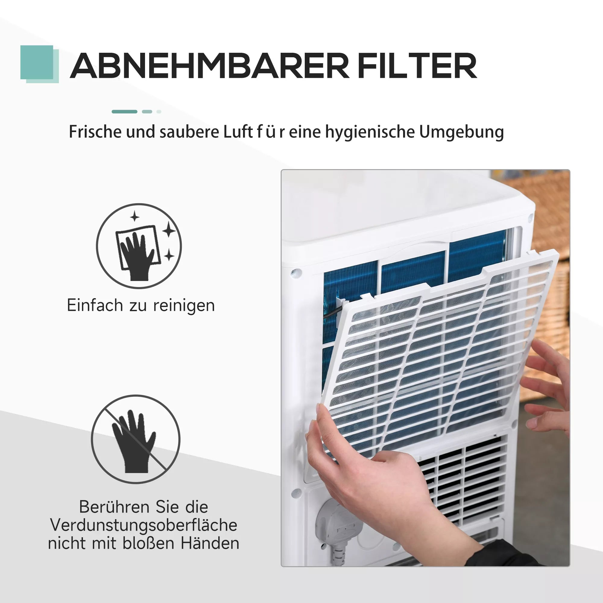 Mobilus oro kondicionierius, 7000 BTU, 3-in-1 įrenginys – vėsinimas, drėgmės šalinimas ir vėdinimas – oro sausintuvas, ventiliatorius, su nuotolinio valdymo pultu, 24 val. laikmačiu, 2 greičio režimais, skirtas 10–26 m² patalpoms, baltos spalvos