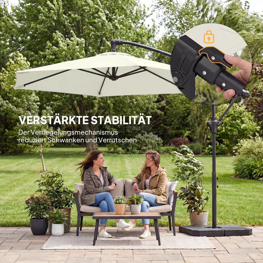 Skėtis su fiksavimo mechanizmu, skersmuo apie 300 cm, skėtis su rankine, stovas, svareliai, kreminė balta spalva