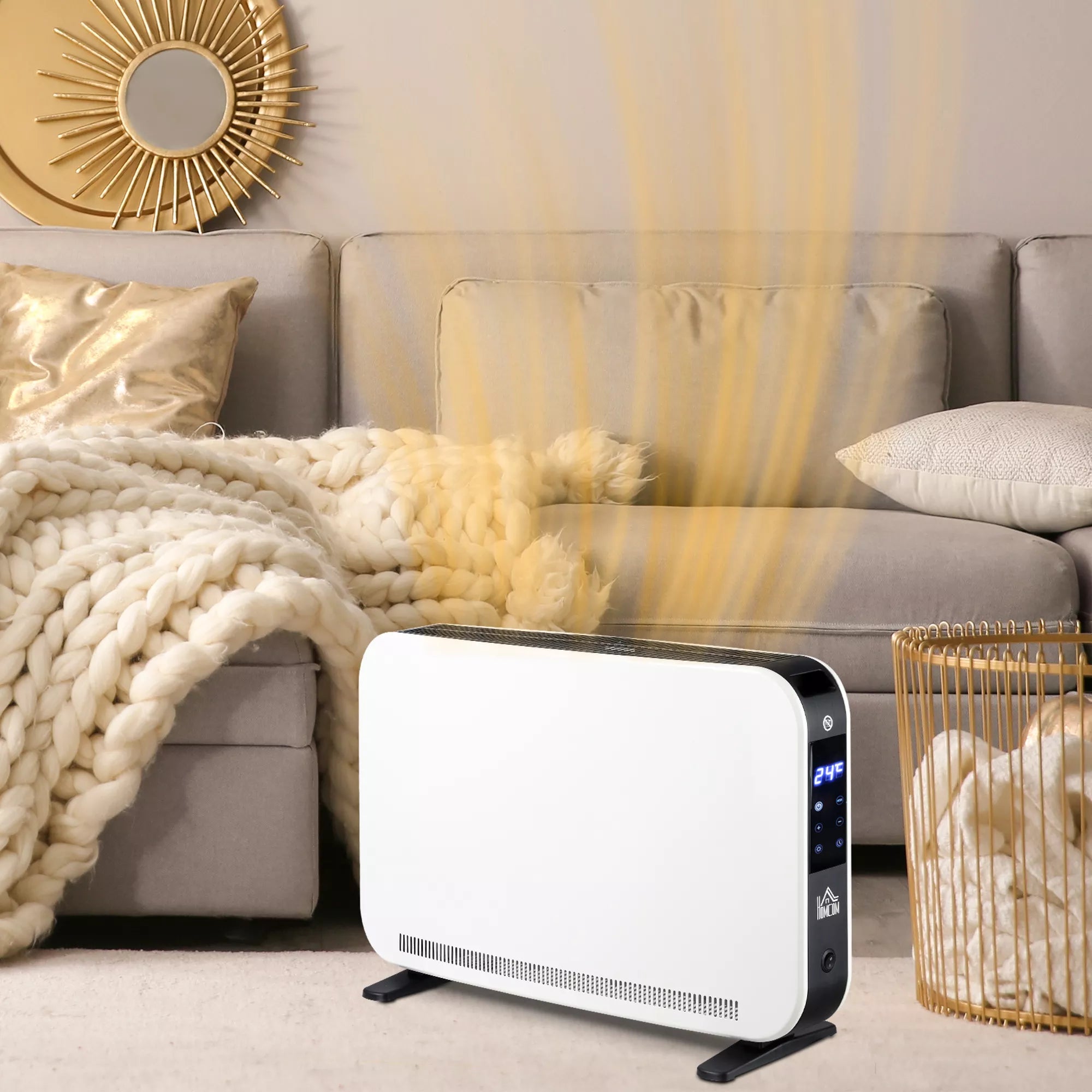 Elektrinis 2000W ventiliatorinis šildytuvas su 3 šildymo režimais, LED ekranu, 24 valandų laikmačiu ir reguliuojama temperatūra, skirtas 18 m² plotui.