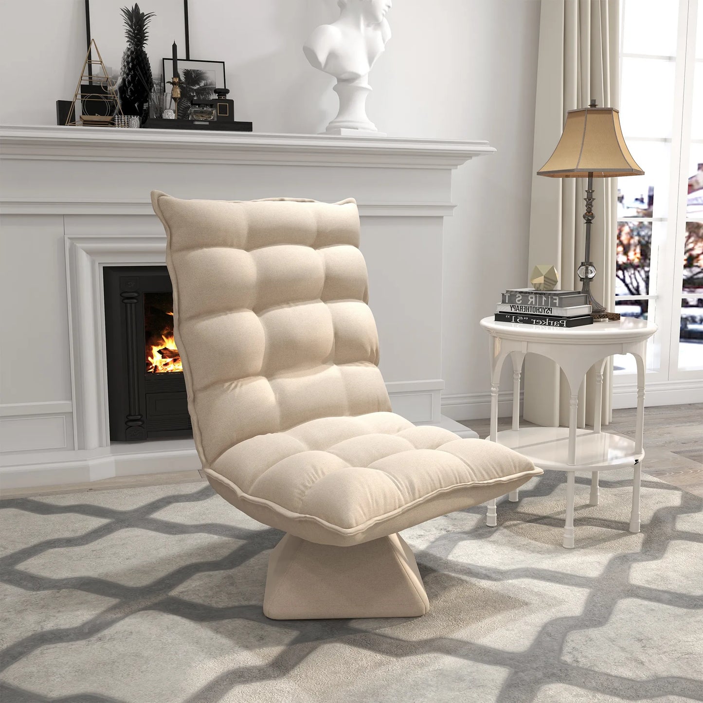 Relaksacinis skaitymo krėslas, sukamasis, lininio audinio išvaizda, 62 cm x 70 cm x 95 cm, smėlio spalvos