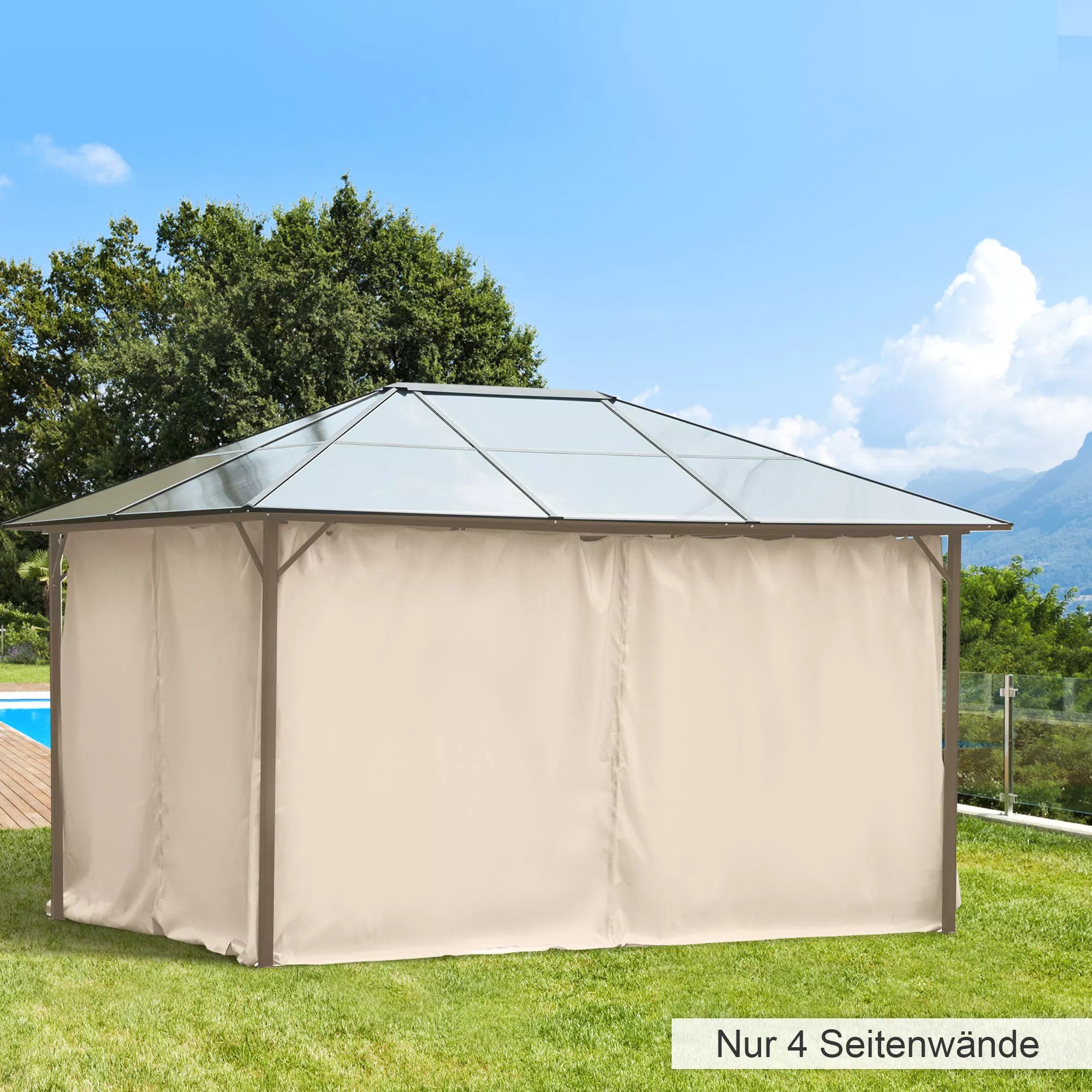 4 vnt. šoninių sienelių rinkinys 3x4 m paviljonui Šoninės dalys su kabliais 352 x 205 cm Neperšlampamos, tvirtos, atsparios žiemos sąlygoms Šoninės dalys Šoninės sienelės šventiniam palapinei Sodo paviljonui Smėlio spalvos