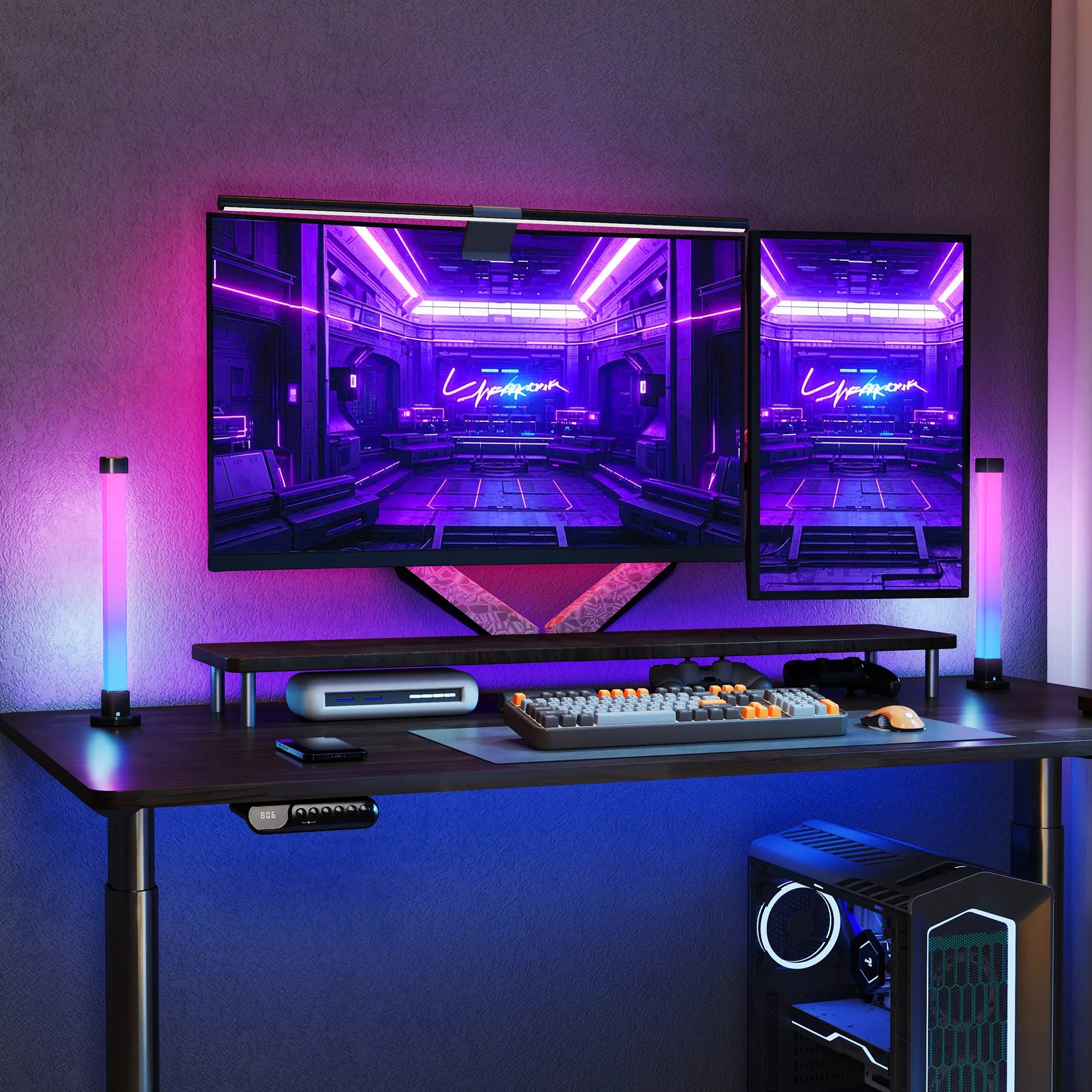 2 vnt. LED lempa, stalo lempa su programėle ir nuotolinio valdymo pultu, muzikos sinchronizavimas, spalvų režimai, laikmatis, balta