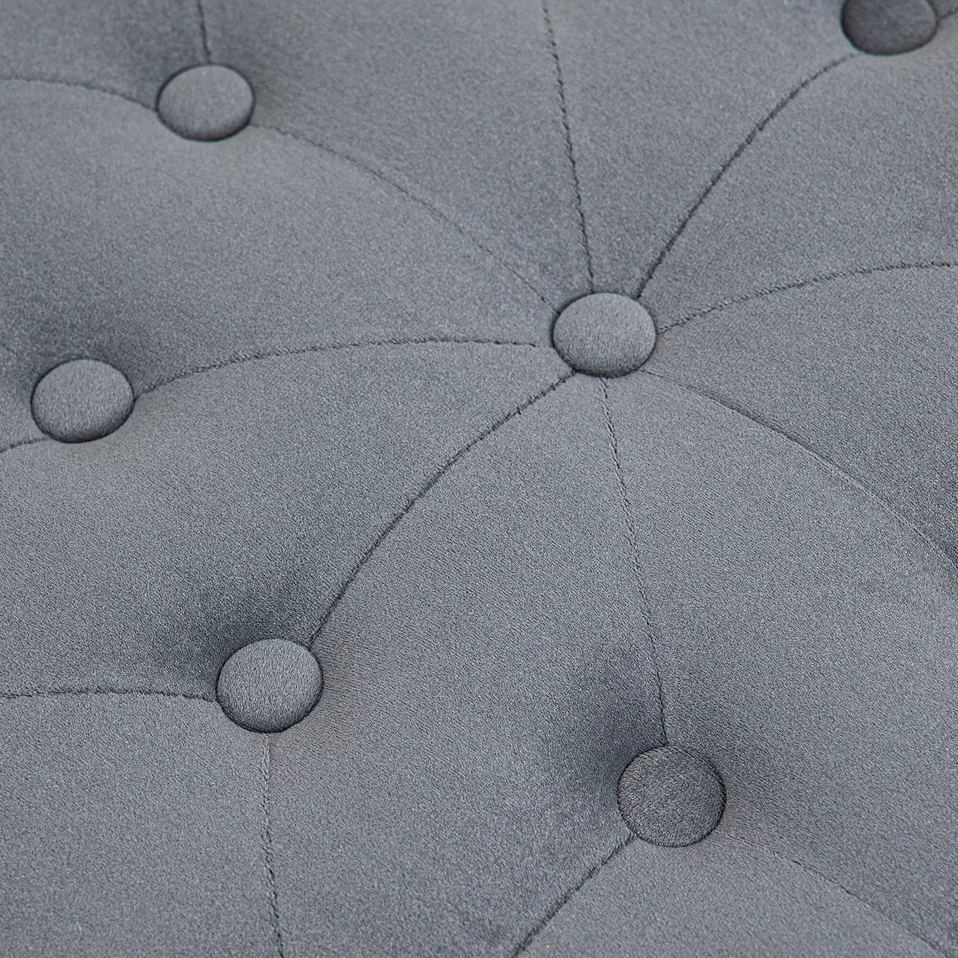 Apvalus pufas su daiktadėže, dygsniuotas su sagomis, velveto tipo danga, pilkas, 60 x 60 x 40 cm