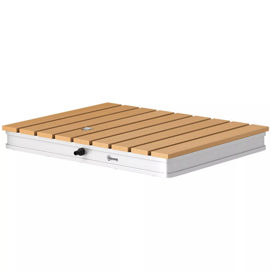 Sodo grindų dušas su reguliuojamu kojiniu pedalėliu, aliuminio, fontano aukštis iki 4 m, 70 x 55 cm, natūralaus medžio