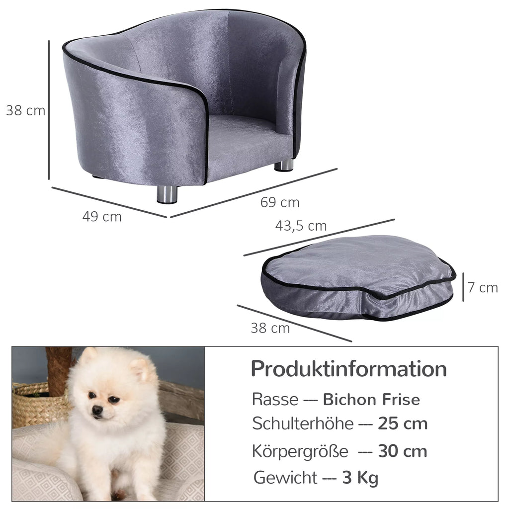 Šunų sofa, šunų lovelė, plaunamas sėdimoji pagalvėlė, pliušinis užvalkalas, natūralaus medžio rėmas, šviesiai pilkos spalvos, 69 x 49 x 38 cm
