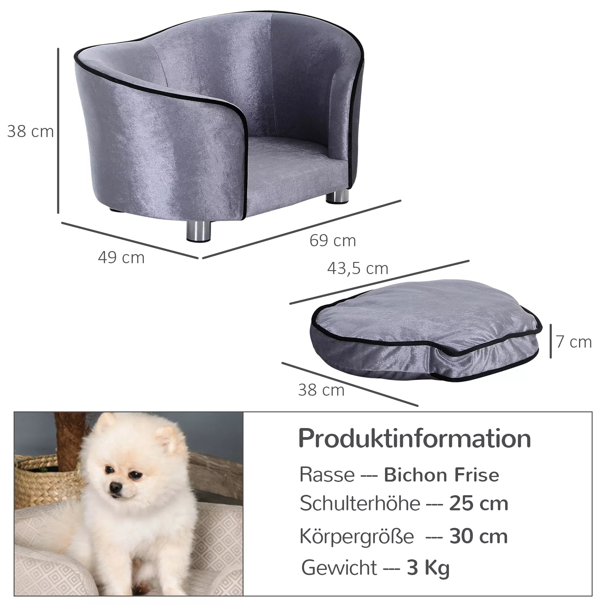 Šunų sofa, šunų lovelė, plaunamas sėdimoji pagalvėlė, pliušinis užvalkalas, natūralaus medžio rėmas, šviesiai pilkos spalvos, 69 x 49 x 38 cm