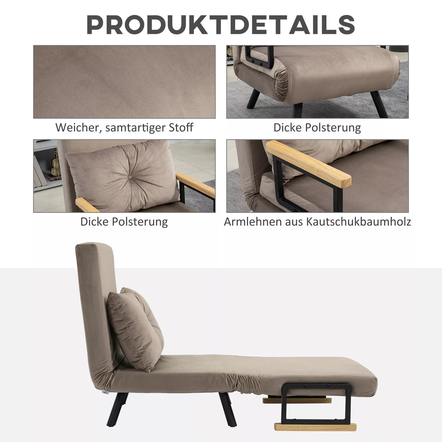 HOMCOM Miegamasis fotelis, svečių lova, reguliuojamas atlošas, iki 120 kg, plieno rėmas, 63x73x81cm, šviesiai rudas