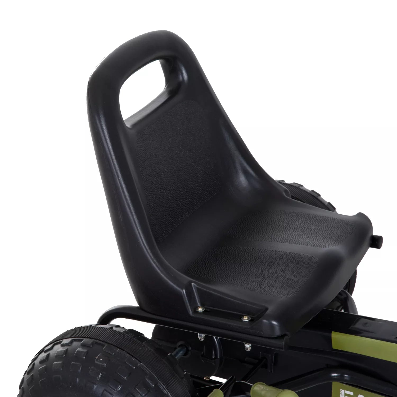 Žalio go-kart automobilio juodos sėdynės detalė iš arti