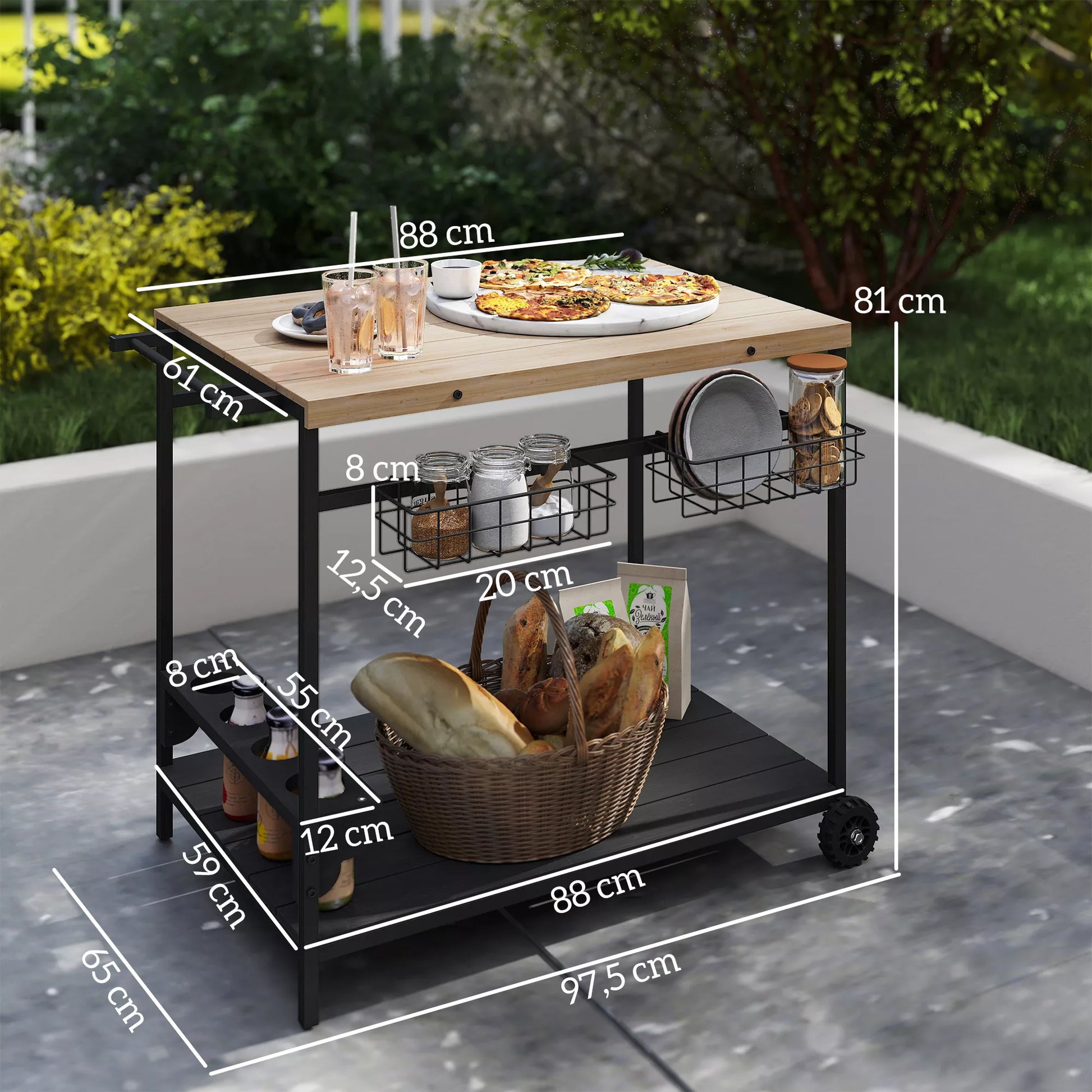 Patiekimo vežimėlis, virtuvės vežimėlis, 2 aukštai, 4 butelių laikikliai, vidaus/lauko, natūralus/juodas