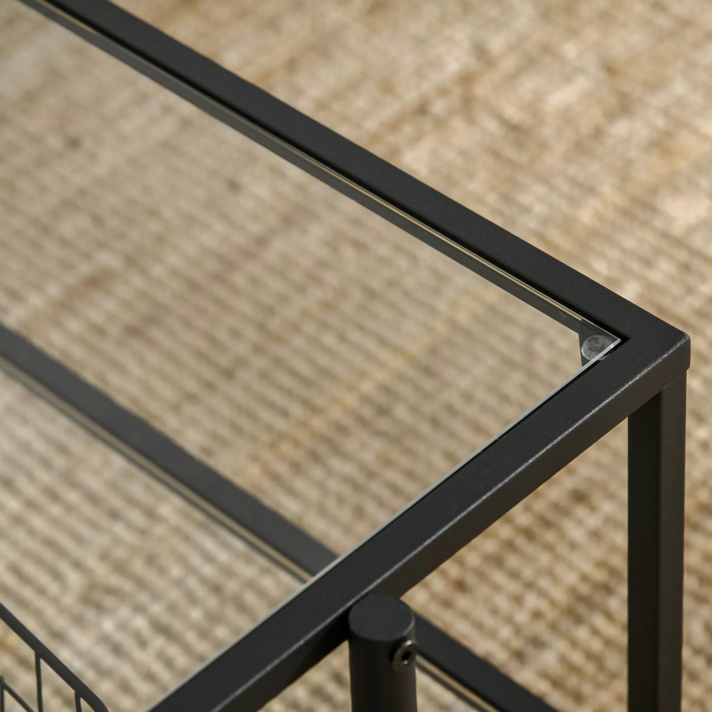 Svetainės staliukas su lentyna, reguliuojamos kojelės, plieninis rėmas, stiklo plokštė, 100 x 55 x 45,5 cm, Baltas