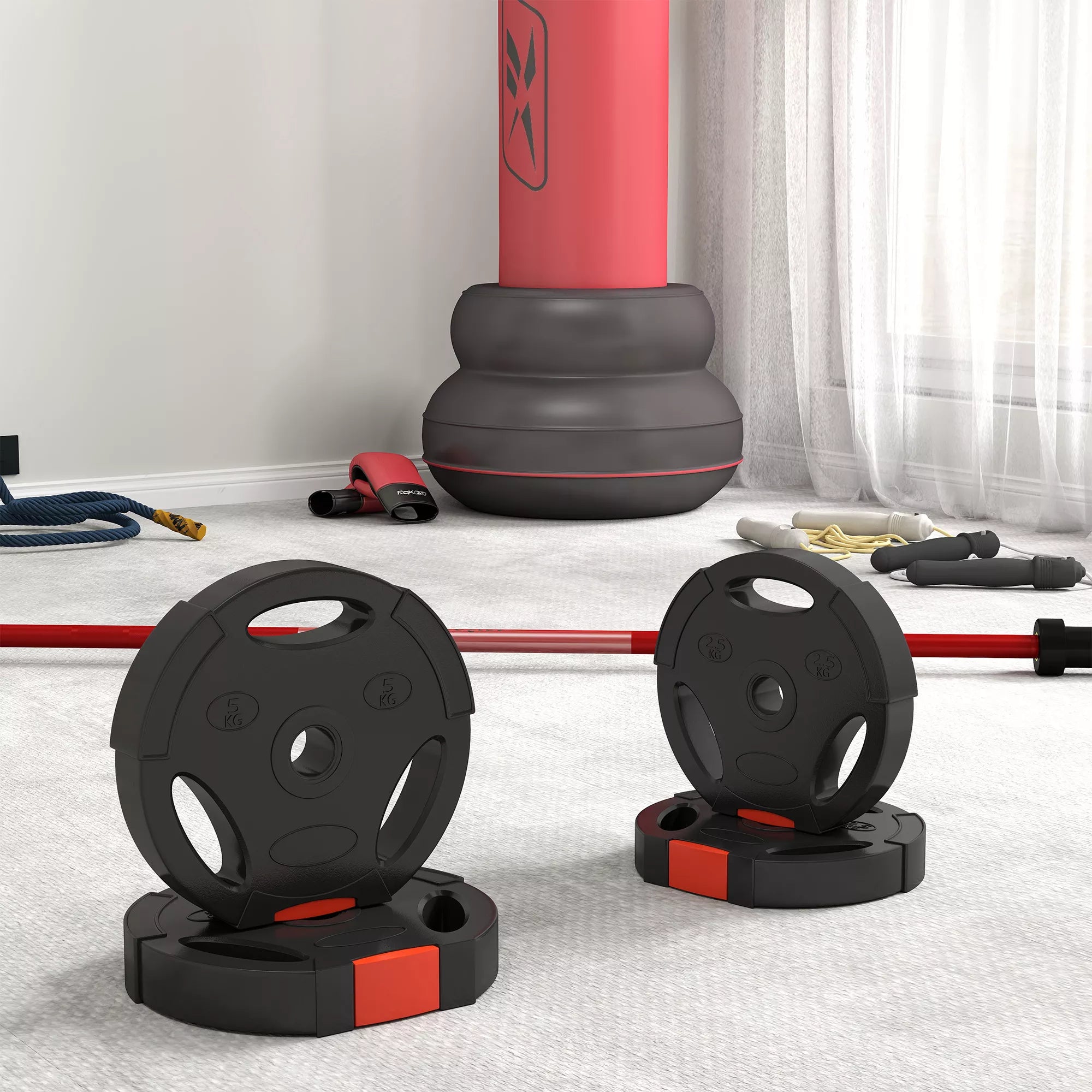 4 vnt. svorio plokščių rinkinys treniruotėms, sporto salėms, namų treniruotėms, jėgos treniruotėms, 2 x 5 kg ir 2 x 2,5 kg, juodos spalvos