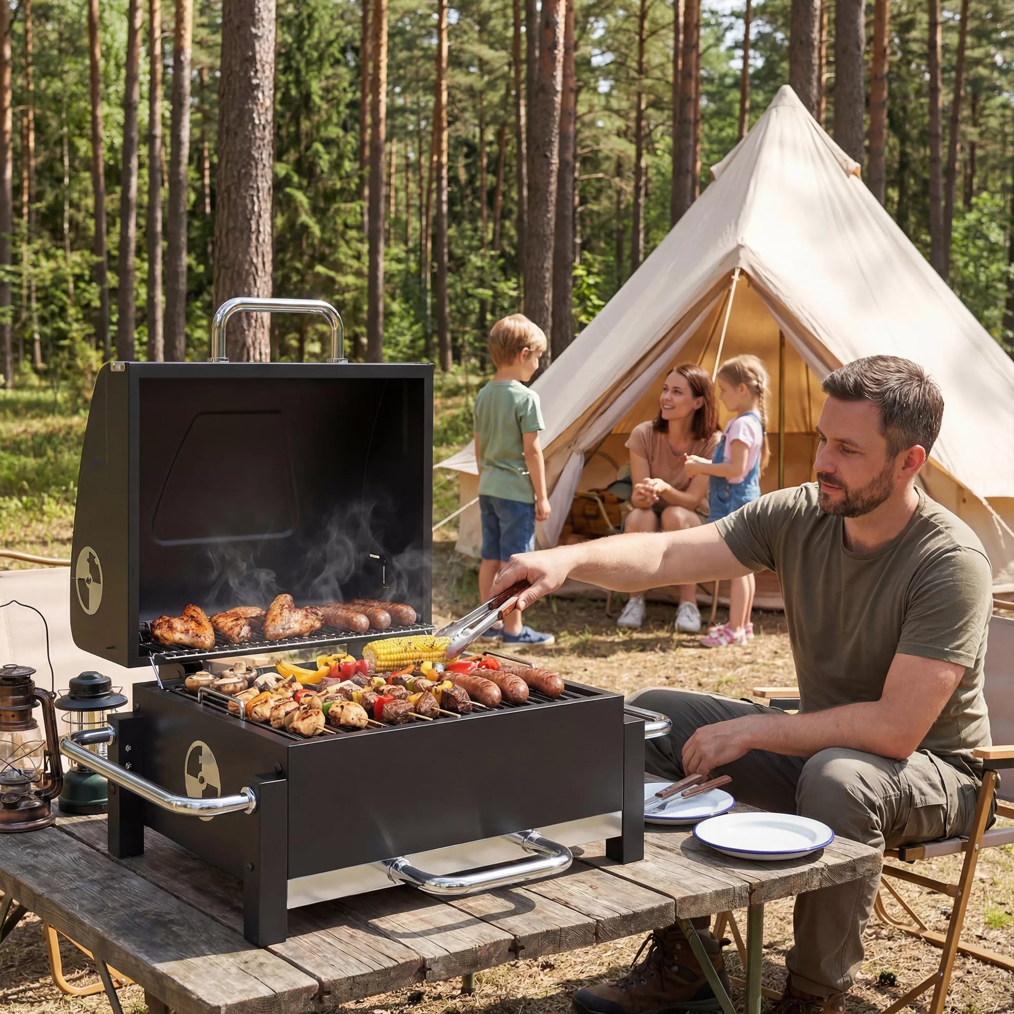 Plieninis anglies grilis, nešiojamas BBQ rūkintuvas su dangčiu, reguliuojama ventiliacija, dviejų lygių anglies dėžė, termometras