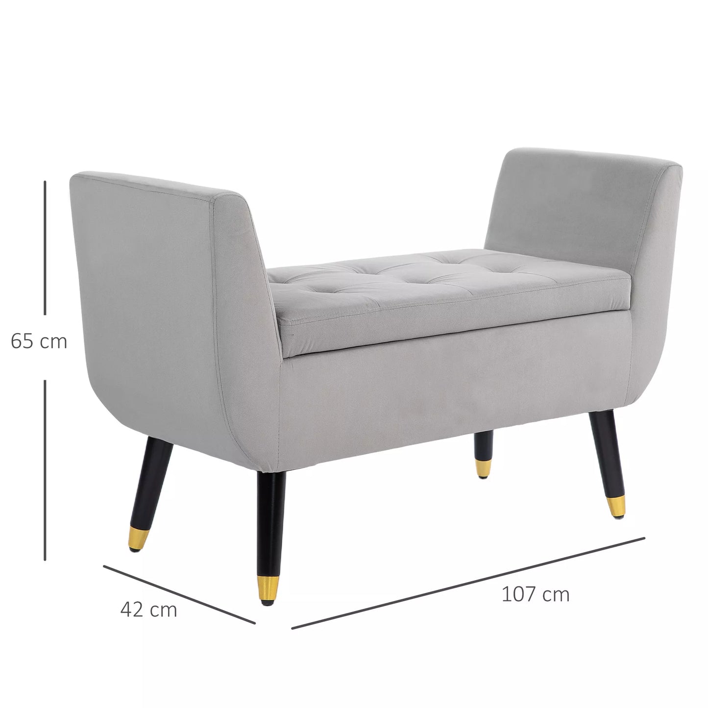 Suolas su daiktadėže ir porankiais, skrynios formos suolas, aksominis poliesteris, kaučiukmedžio mediena, šviesiai pilka, 107 x 42 x 65 cm