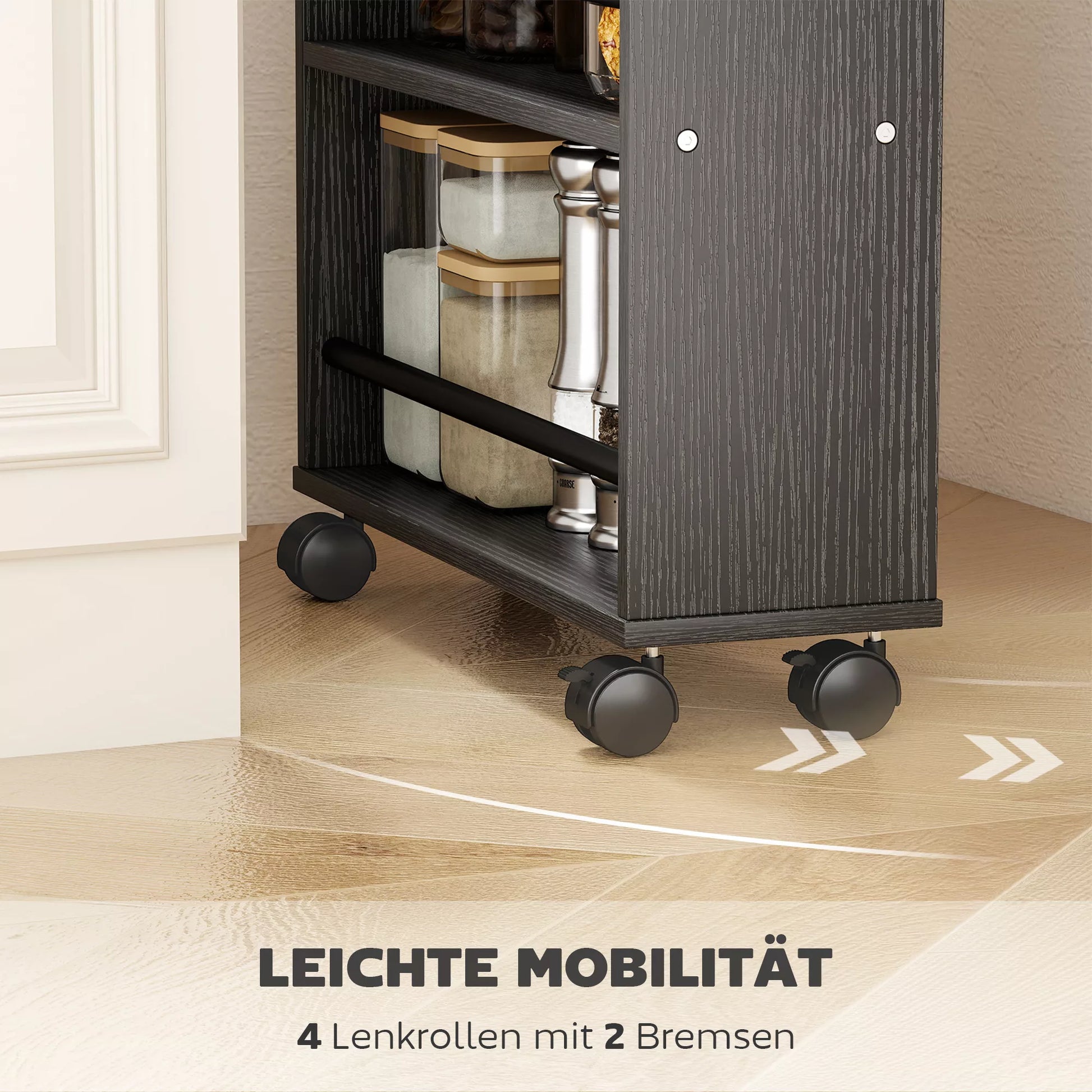 Daugiafunkcinė lentyna su ratukais, siaura konstrukcija, 4 skyriai, 45x15x91 cm, juoda
