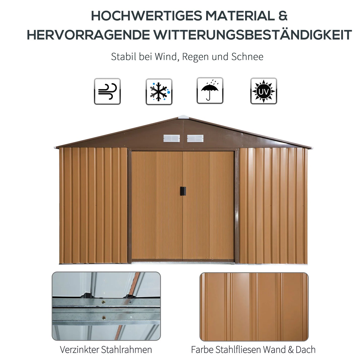 Plieninė sodo pašiūrė 20m³ įrankių namelis sodo namelis dviračių pašiūrė sodui rudos spalvos 340 x 386 x 200 cm