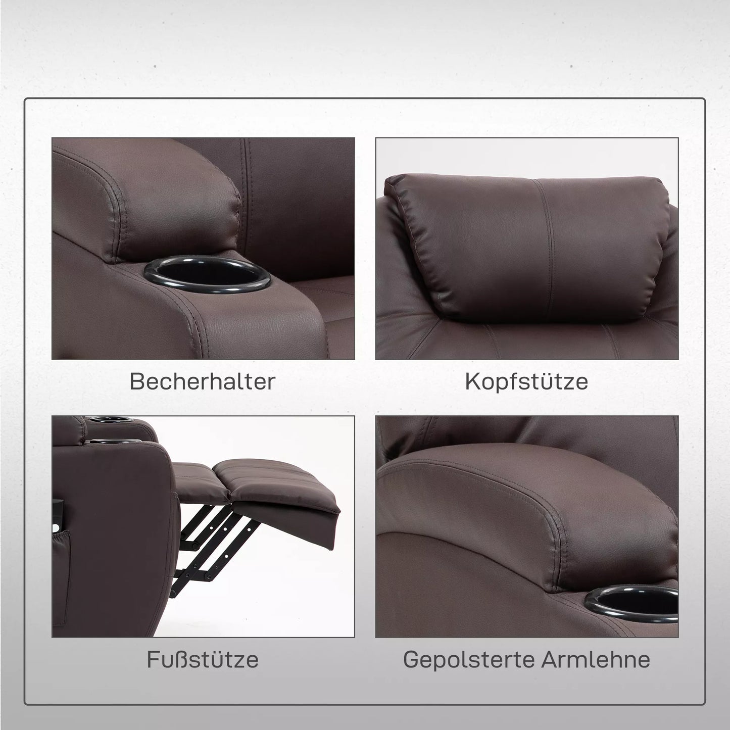 Pakeliamasis krėslas, krėslas-relaksas su pakėlimo funkcija, su nuotolinio valdymo pulteliu, puodelio laikikliu, reguliuojama atlošo atrama, rudos spalvos