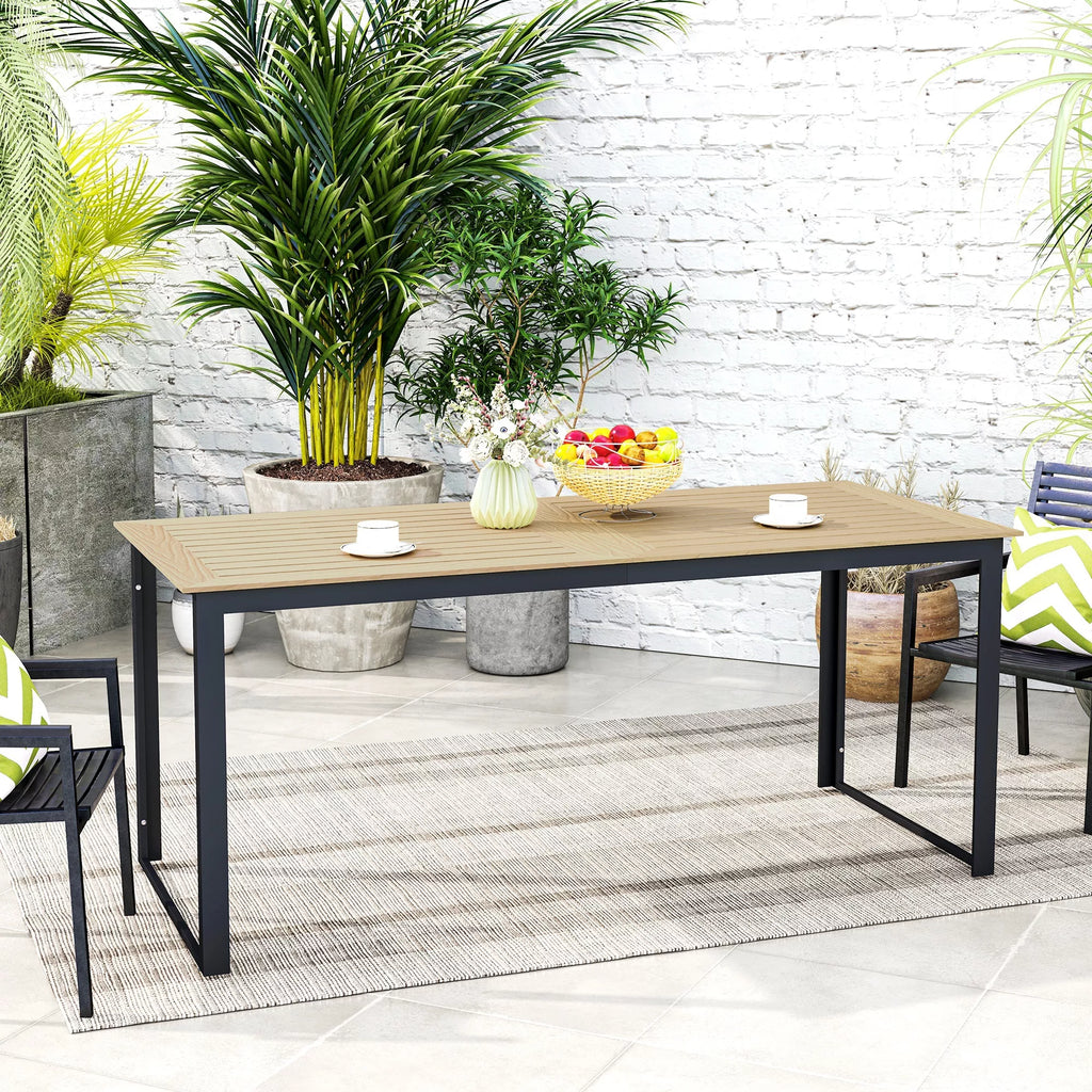 Sodo stalas iš metalo 175x78 cm Atsparus atmosferos poveikiui balkono stalas su medžio imitacija, neslidus valgomojo stalas Juodas