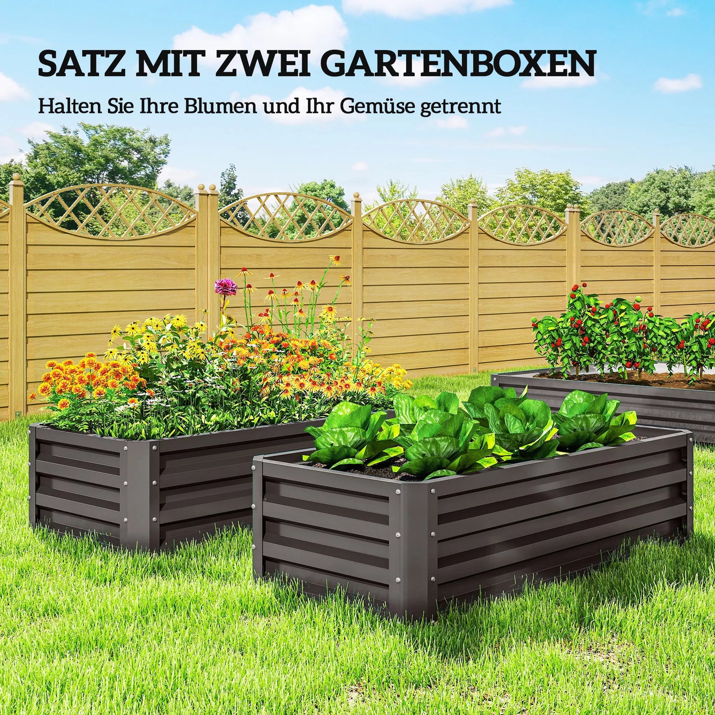 Pašildyta lysvė metalinė 2 vnt. rinkinys, atviras dugnas, sodui, balkonui, 110x50x30cm, tamsiai pilka