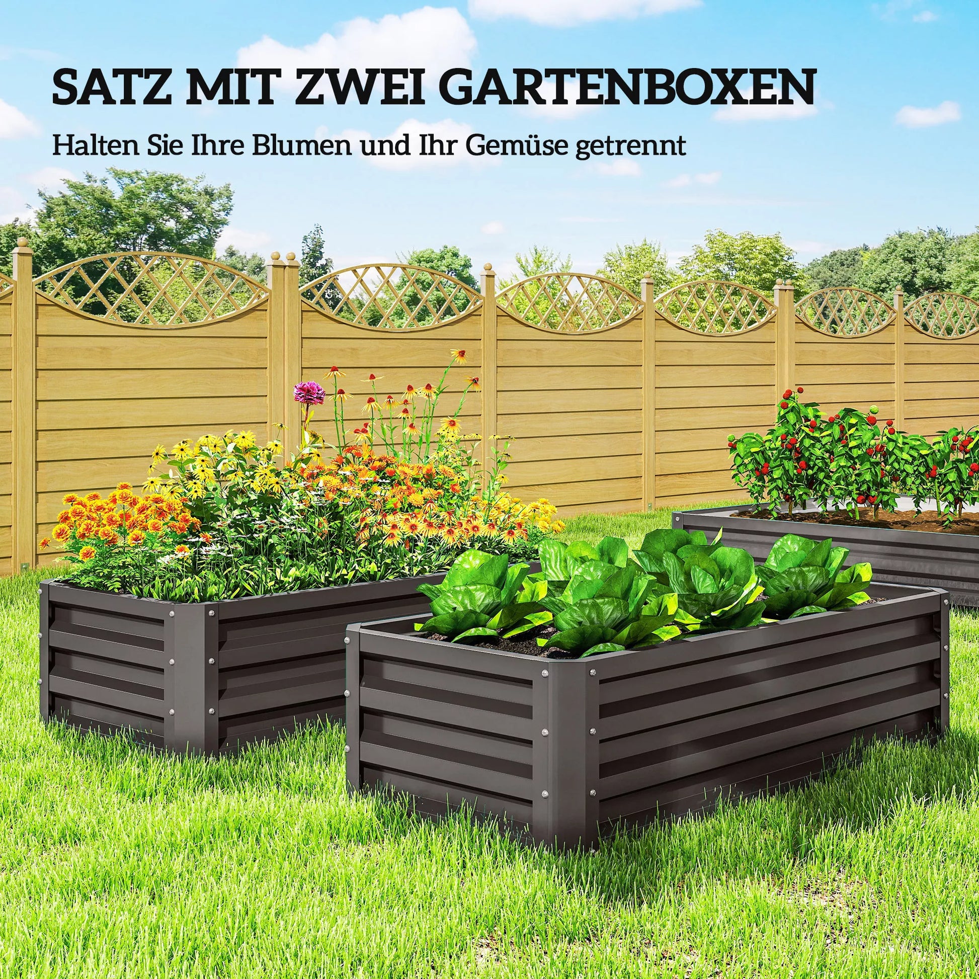 Pašildyta lysvė metalinė 2 vnt. rinkinys, atviras dugnas, sodui, balkonui, 110x50x30cm, tamsiai pilka