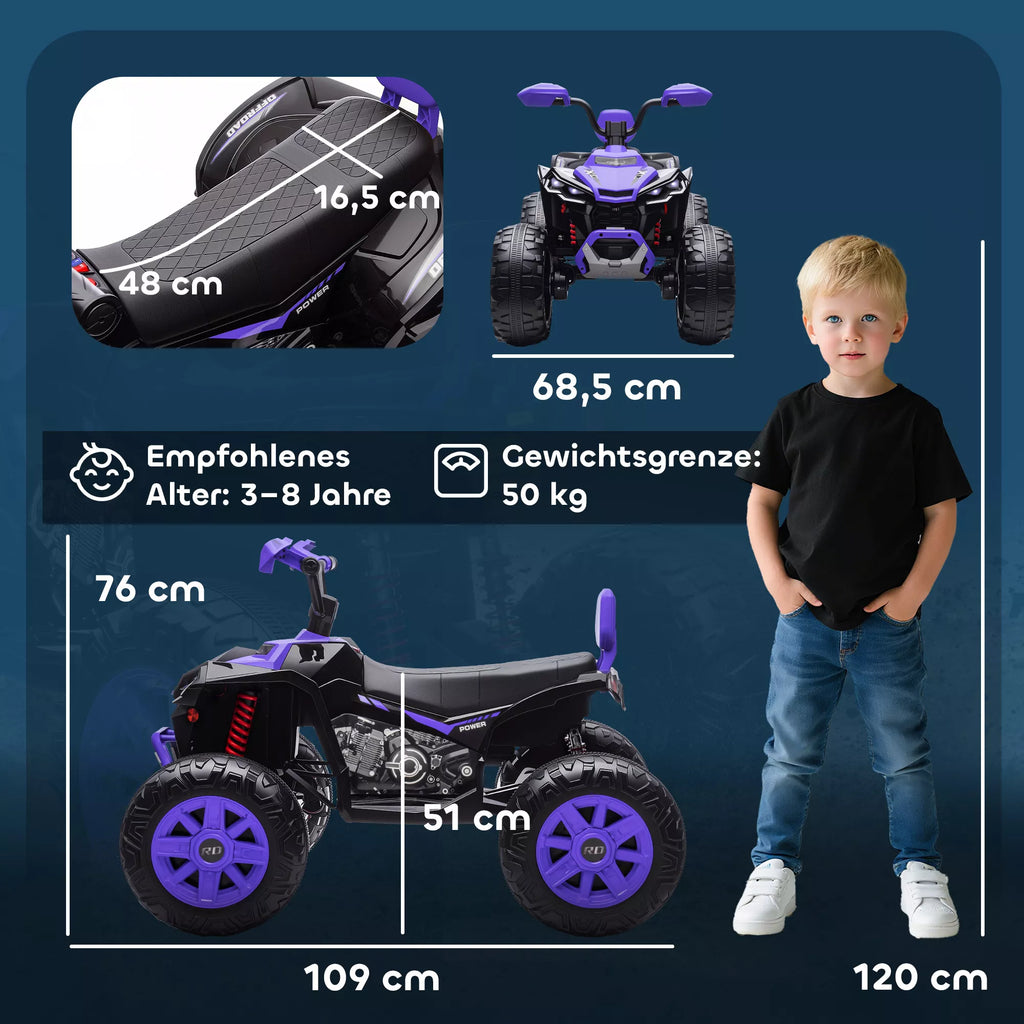 Vaikiškas elektrinis keturratis 24V, dvivietis, iki 50 kg, 3–8 metų vaikams, violetinis 6,5 km/h