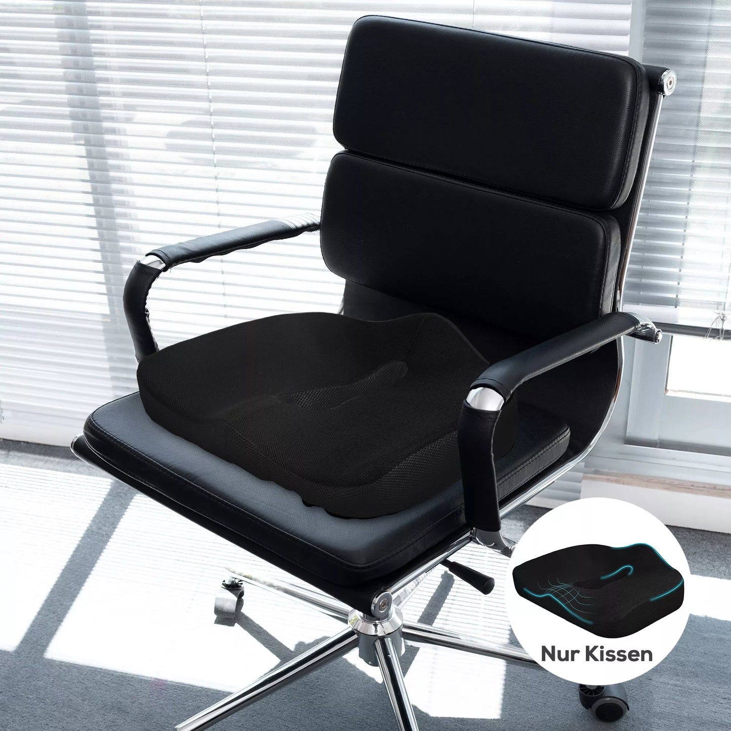 Ergonomiška sėdimoji pagalvėlė, kvėpuojantis užvalkalas, neslystanti, 44x39x13 cm, juoda