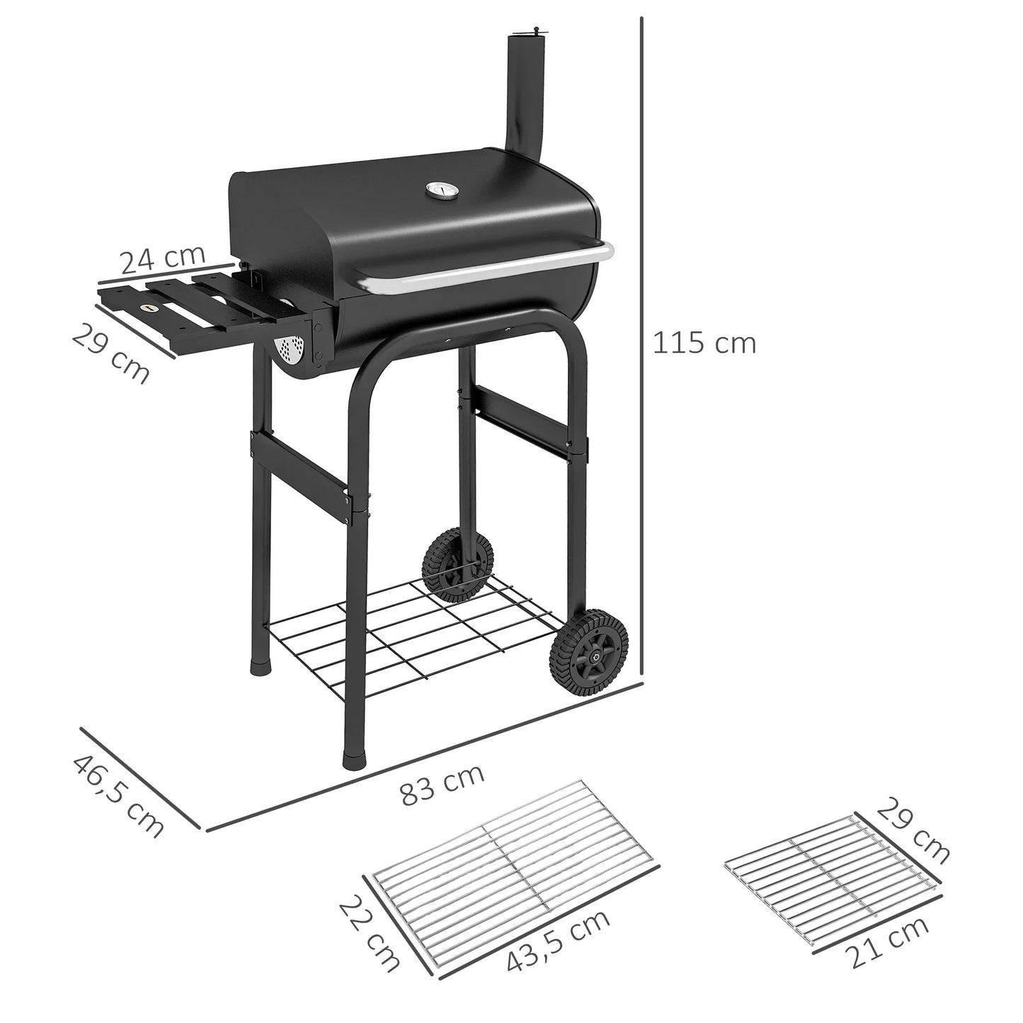 Anglinis BBQ grilius Smoker, 1 lentyna, su termometru, 83 x 46.5 x 115 cm, juodas