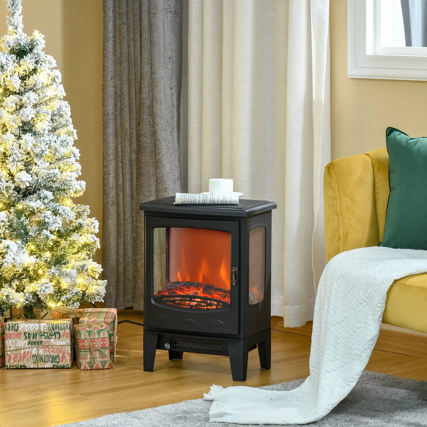 Elektrinis židinys su šildymu, 1800 W, elektrinis židinys su LED liepsnos efektu