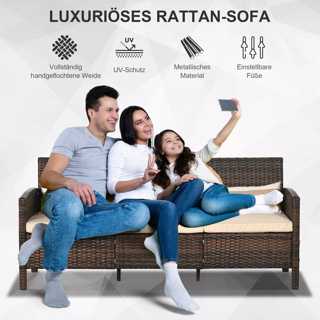Rattan sofos su pagalvėlėmis, trijų vietų, sodo poilsio sofa, plienas, ruda, 173 x 68 x 78 cm