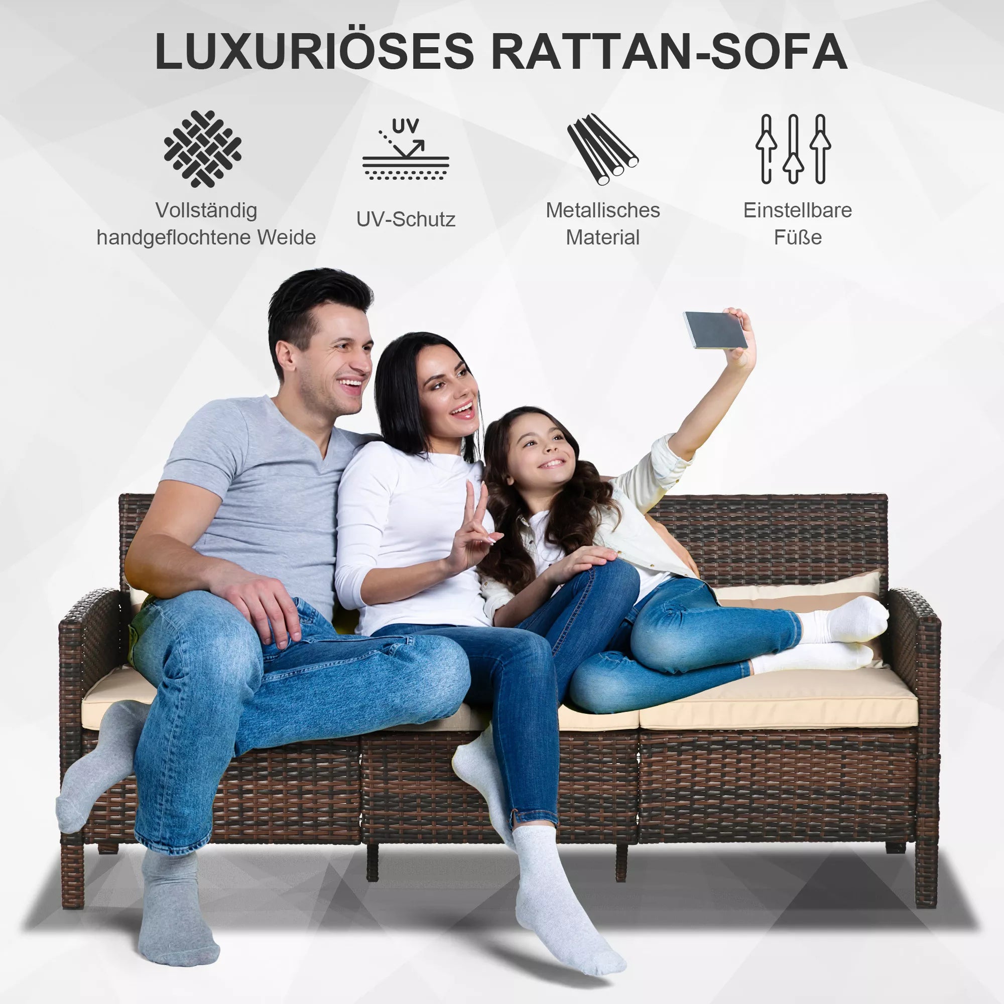 Rattan sofos su pagalvėlėmis, trijų vietų, sodo poilsio sofa, plienas, ruda, 173 x 68 x 78 cm