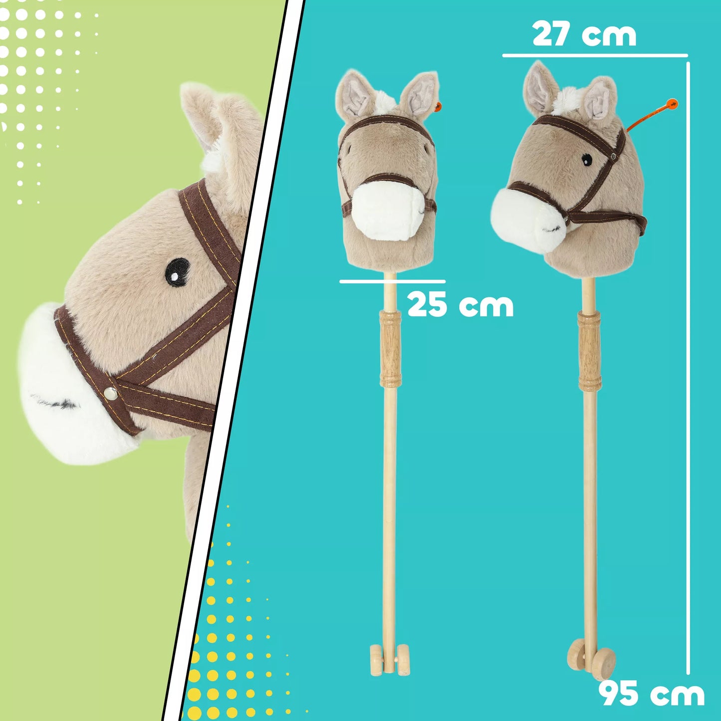 Arkliukas ant pagaliuko vaikams, su garsu, ratukais, žaidimų arkliukas jodinėjimui, skirtas vaikams nuo 24 mėnesių, pilkos spalvos