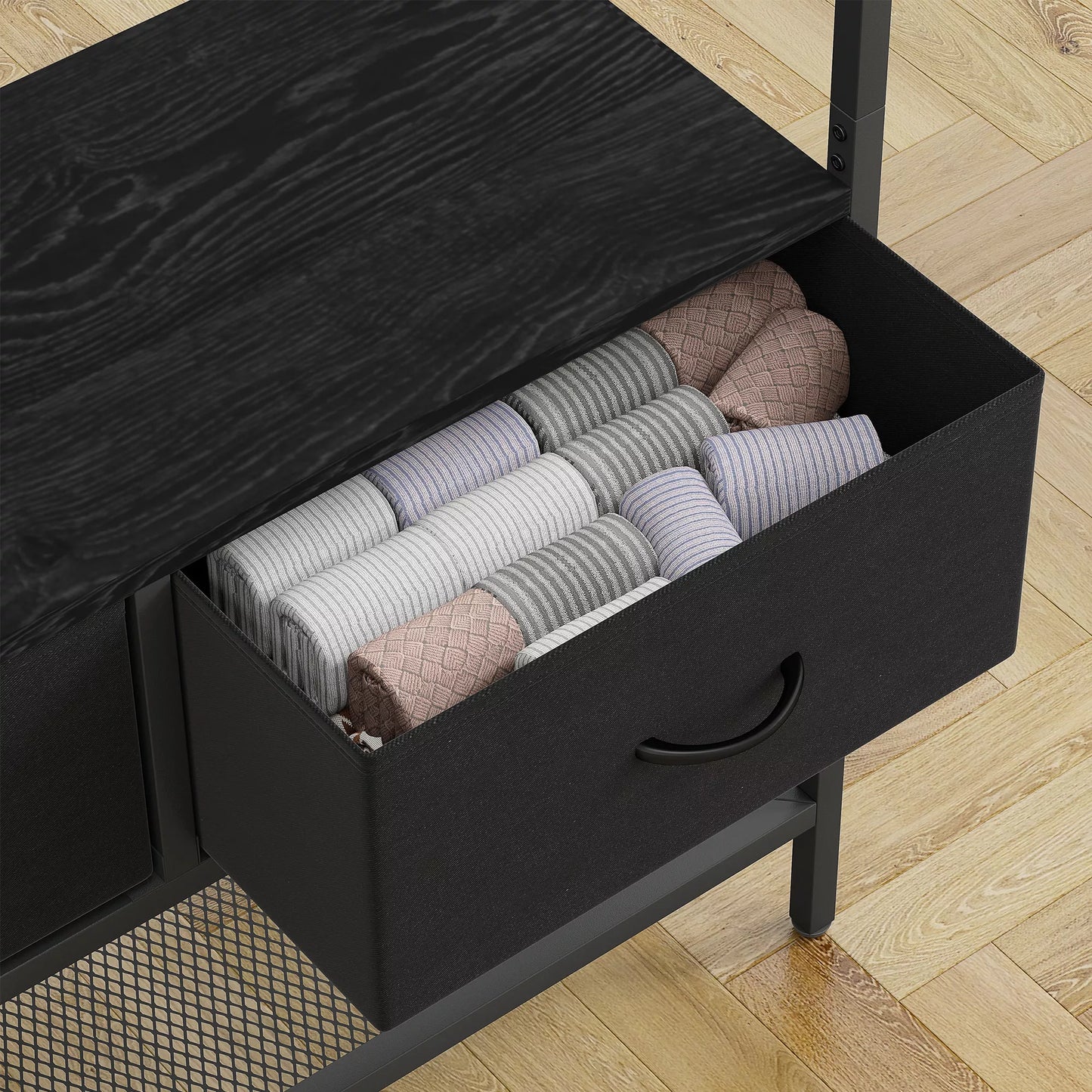 Drabužių kabykla su batų lentyna, drabužių stovas industrinio dizaino, 2 audinio stalčiai, 8 kabliukai, metalinis rėmas, juoda